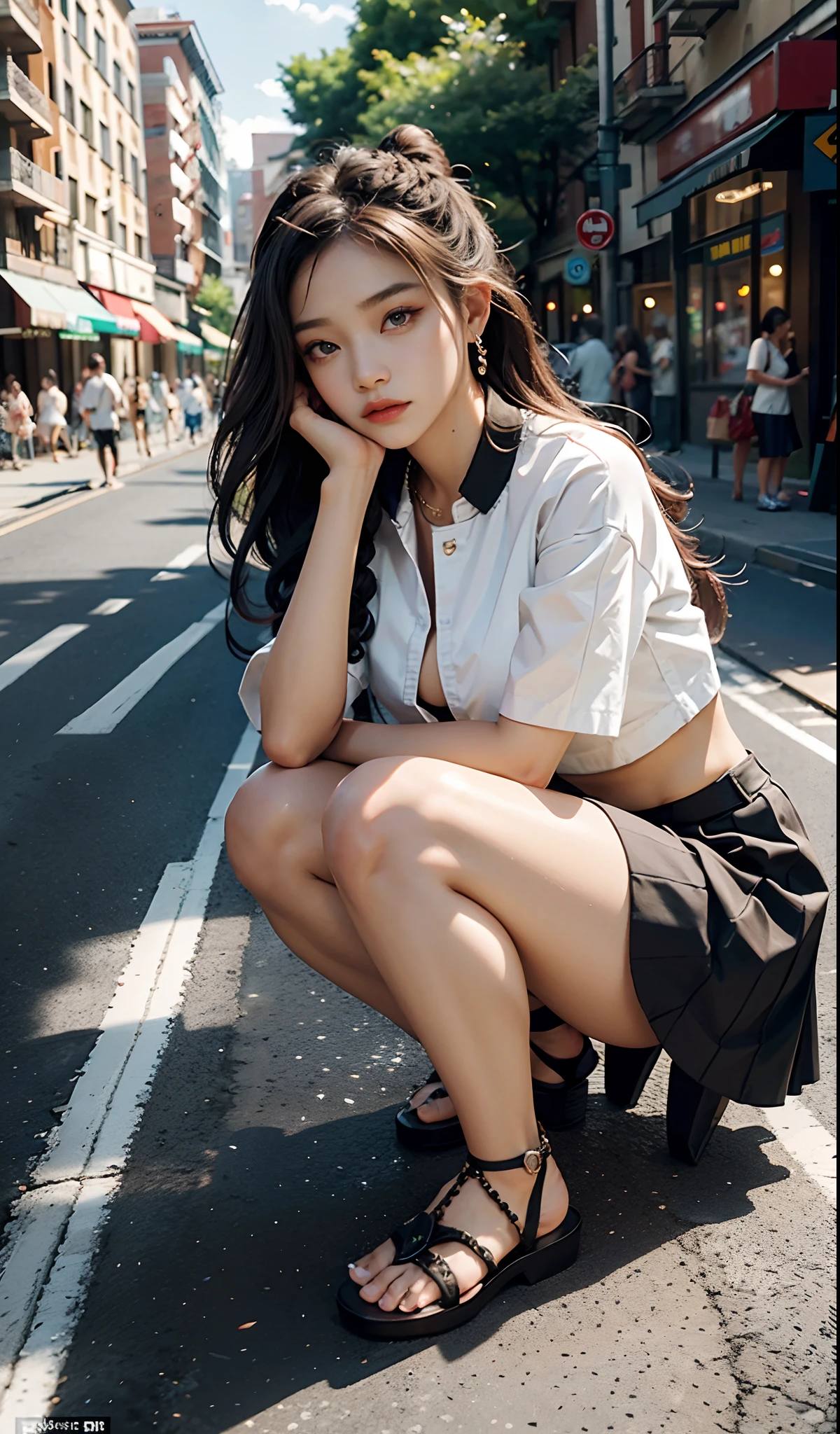 the city street,s girl,(Double twist braid),short skirt,Crop tops,(High-soled sandals),Jade foot manicure,Normal posture,depth of fields, A high resolution, ultra - detailed, filigree, RAWE is very detailed, very detailed eyes and faces, Sharp pupils, realistic pupil, tack sharp focus, cinmatic lighting,full bodyesbian,Bigboobs,long leges,From the front side,banquet,dynamicposes,Normal posture,closeup of face
