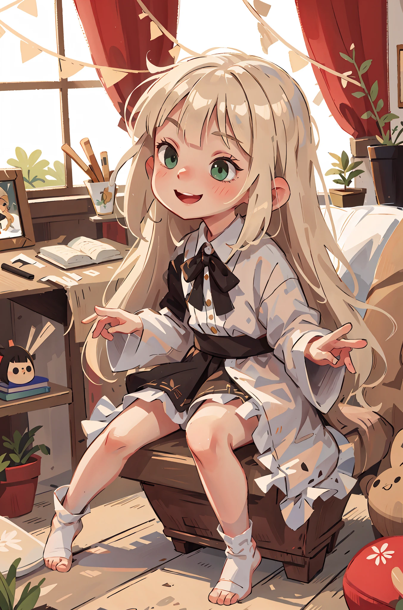 (masterpiece:1.2, best quality), (real picture, intricate details), 1little girl, solo, full body, sitting, casual, long hair, minimal makeup, natural fabrics, close-up face, smile, home, child, 6 years old, cute child, innocent, small body, tiny child, petite little girl, kind face, cute face, naive, long light platinum blonde hair, bangs, green eyes, happy, SFW.