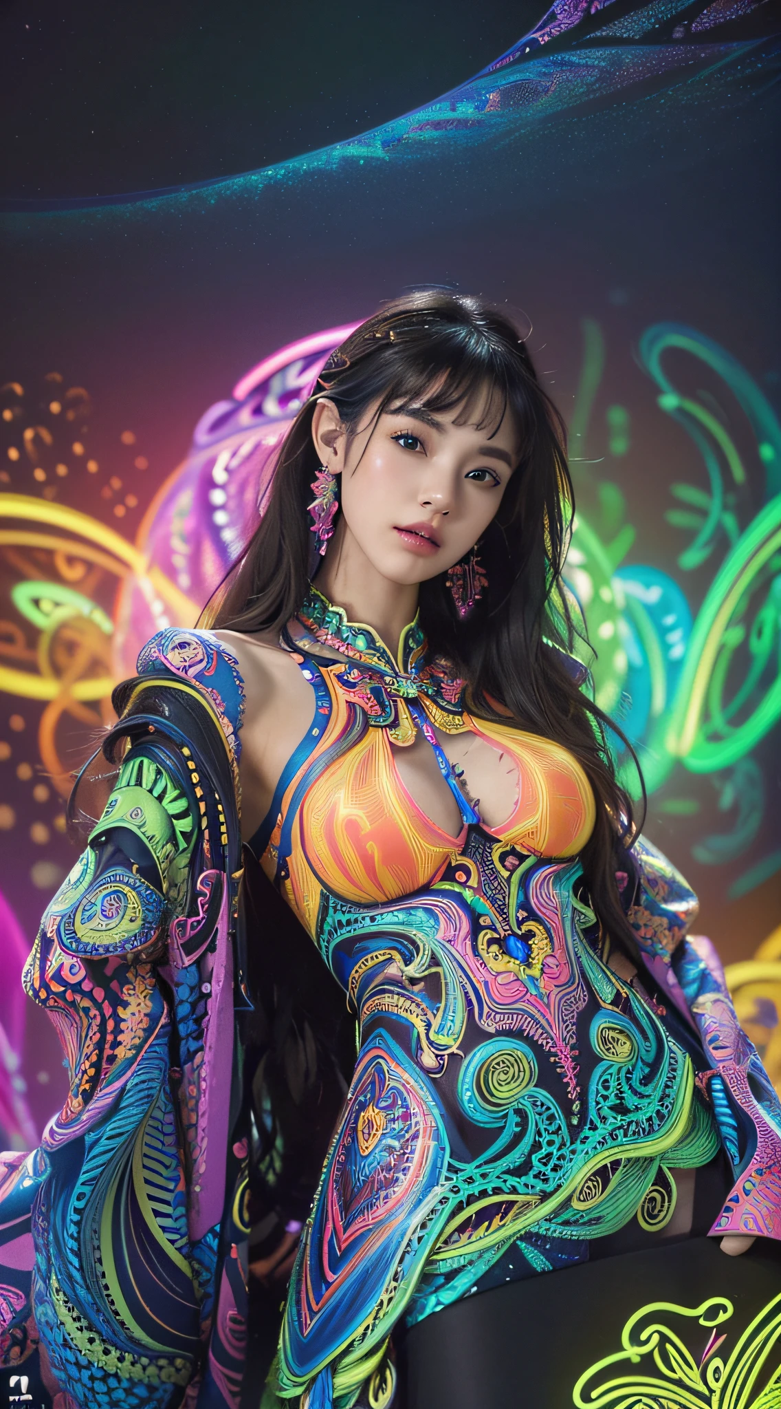 (masterpiece, top quality, best quality, official art, beautiful and aesthetic:1.2), (1girl:1.3), extremely detailed,(fractal art:1.2),colorful,highest detailed,( zentangle neon:1.2), (dynamic pose), (abstract background neon:1.5), (treditional dress:1.2), (shiny skin), (many colors:1.4), upper body ,Neon,16K,Full HD