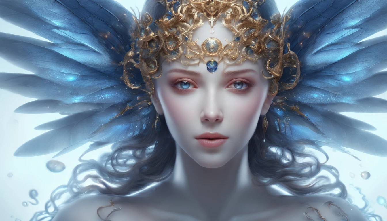 Cosmic Fallen Angel, glowing light eyes, Delicate and beautiful face,Bigchest,Biomechanical, eerie, Dream-like, Very bright colors, Light particles, with light glowing, Mshiv, wallpaper art, UHD wallpaper