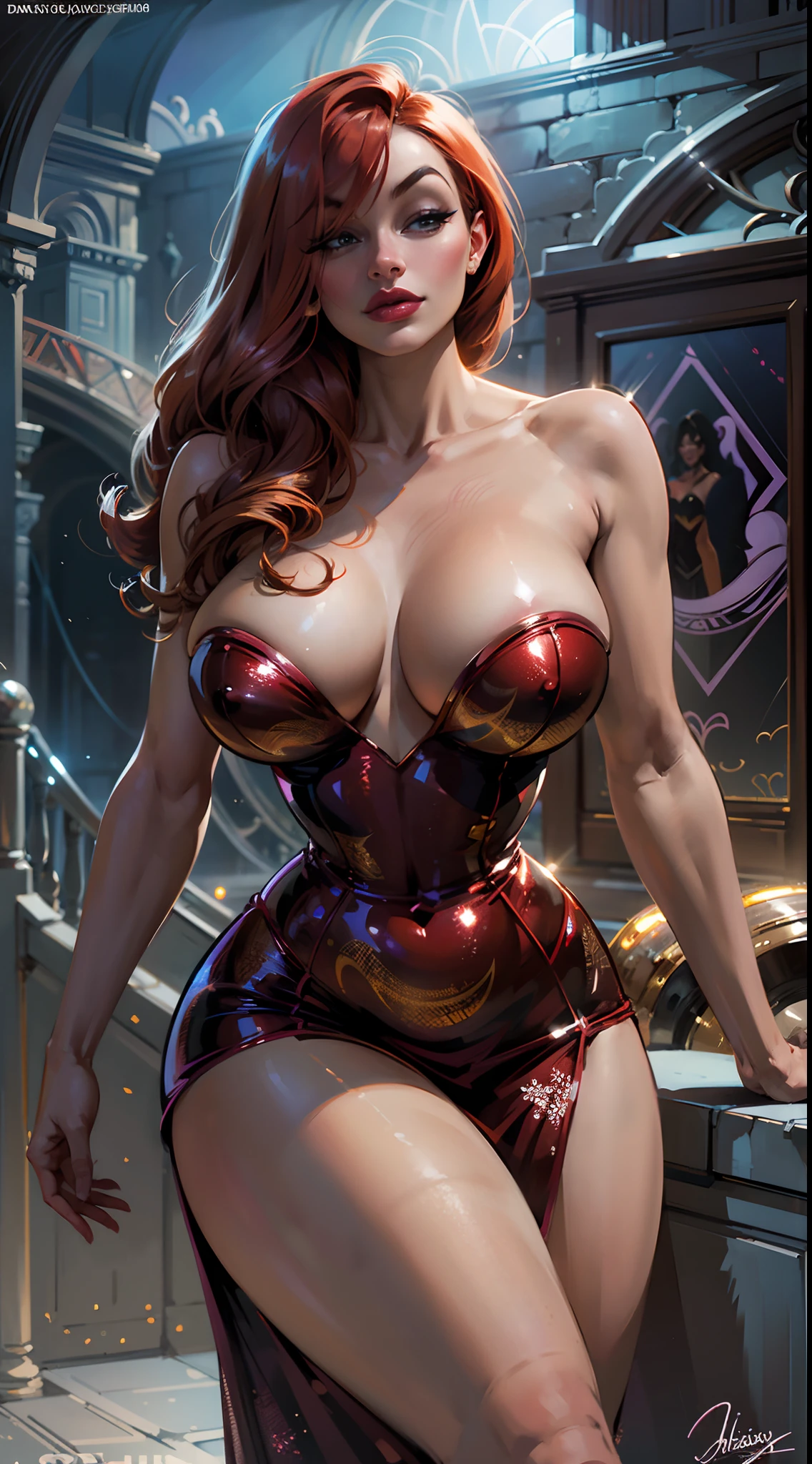 aura ratio NSFW  ultra high definition digital illustration, realistic of Disney female character ((Jessica Rabbit:1)), with a sultry pose and amazing sexy and beautiful curvaceous, (enormous saggy breast), ginger hair girl expression. This is a 90's comic covers to Dc comics illustrated art by (artgerm) image that showcases her allure and confidence. The environment background should be a neon graffitis painted in the walk , vivid colors color, (realistic:1.3),adult explicitly magazine studio, to create a seductive modern atmosphere, slluty look  The image should be in the style of a digital illustration, incorporating elements of Frank Frazetta's signature high-quality details. The illustration is like to shot, captured with a 75mm+ lens, will provide an intimate and realistic view. The lighting should be to global & lumen illumination, emphasizing the contours of her figure and sexy seductive Jessica rabbit The desired level of detail is high exceptionally in the best queality, with a 16K resolution, highlighting every curve and realistic texture. The goal is to create an enchanting image that captivates viewers with its sensuality luxury.