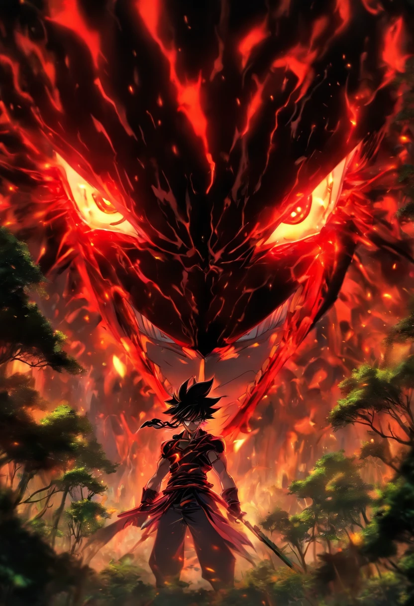 garoto anime, olhos vermelhos, cabelos pretos, foco no rosto, no body, ele esta com uma arma, menacing stare, em uma floresta