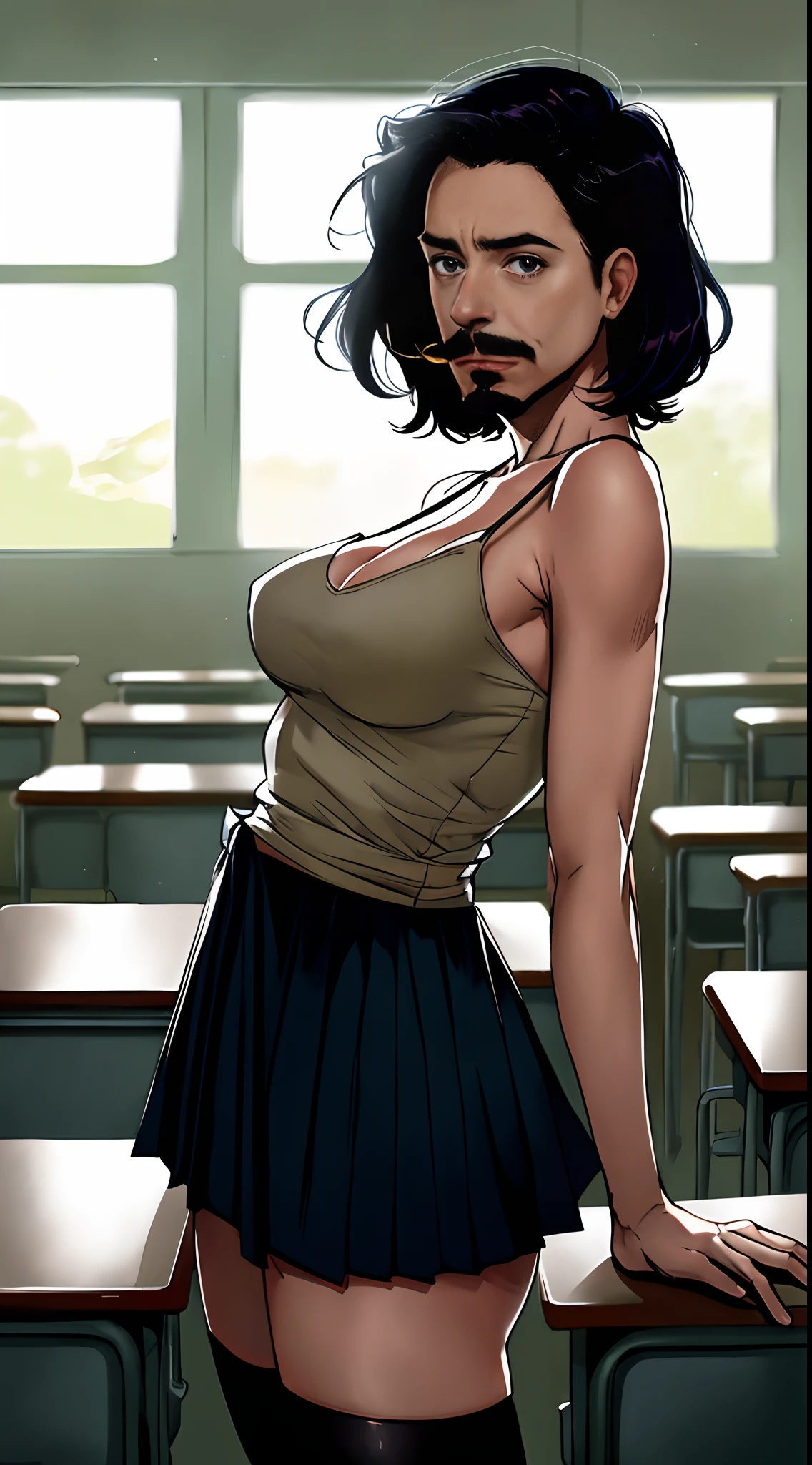 Robert Downey as a  girl, spaghetti strap tank top, cleavage breasts, tiny skirt, waist-high black tights, exposed thighs, very fair skin, Robert Downey haircut, Mustache and goatee, school, classroom , Indirect lighting, volumetric light, hyper-detailed , Captured by Panavision Panaflex Platinum