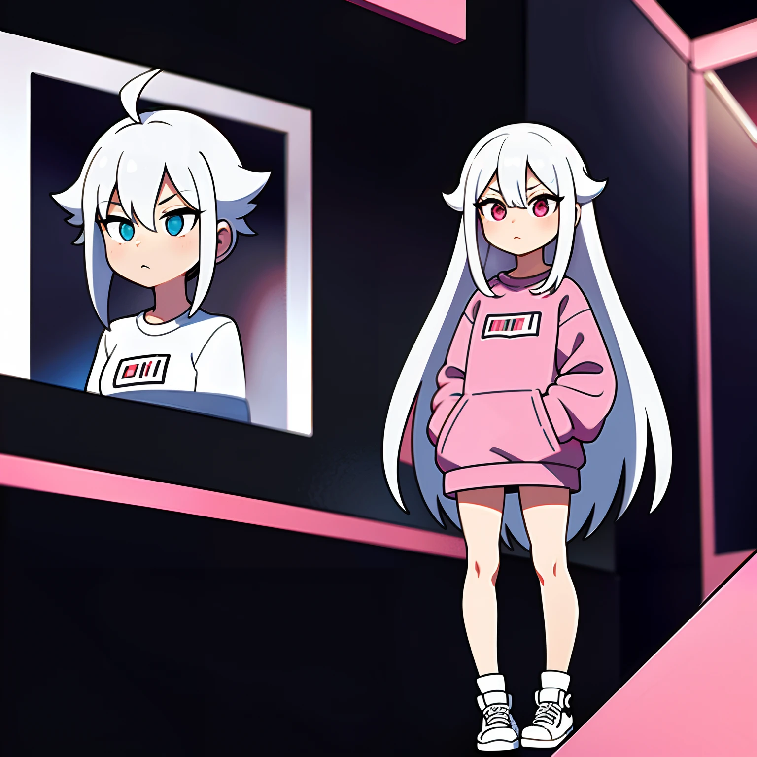 （tmasterpiece，top Quority，best qualtiy），Pix，Pixel art，1girll，full body Esbian，Pink and white sweatshirt，Gray hair。