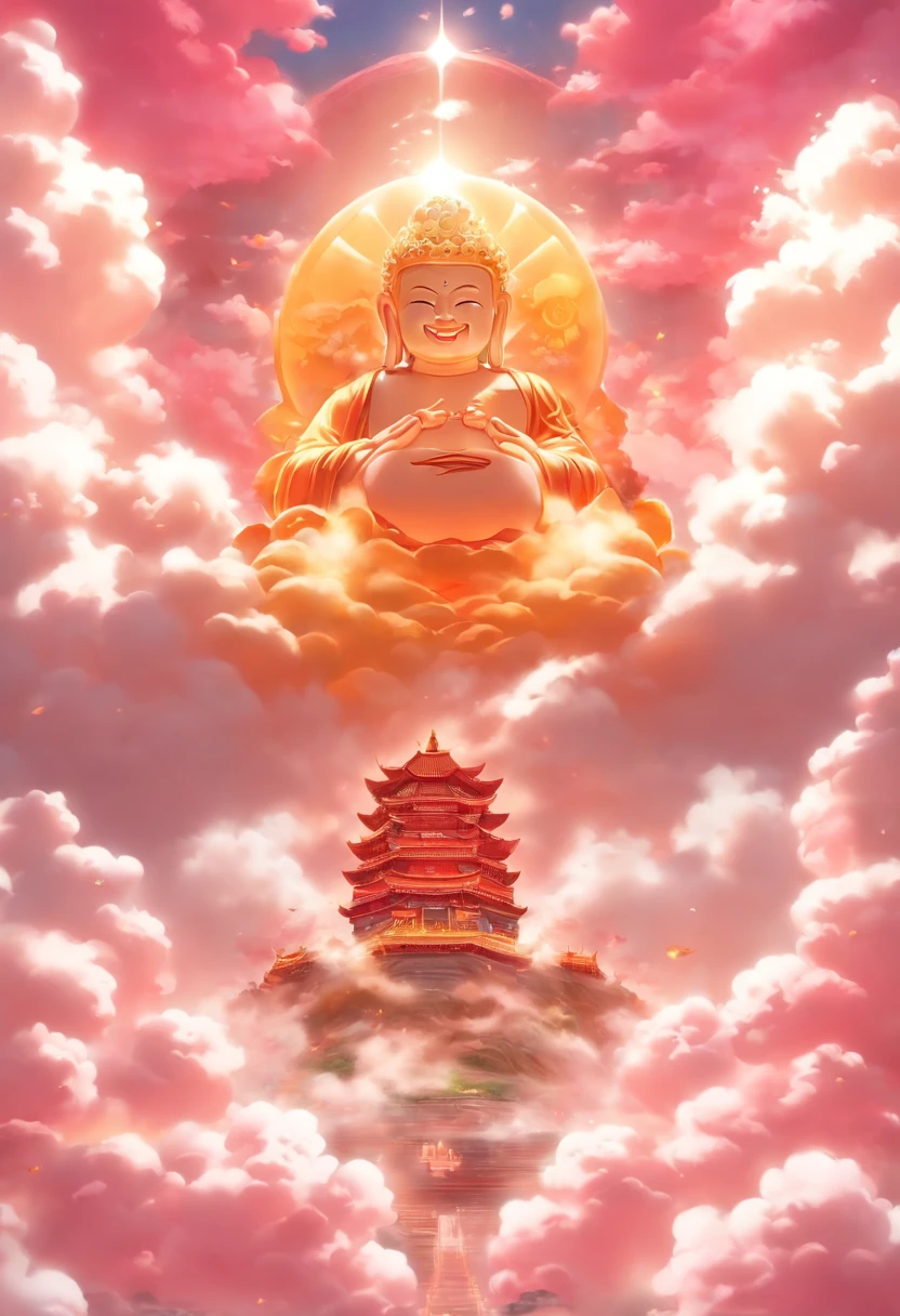((masutepiece)),(Best quality)),China style,Clear facial expressions,In the sky, The clouds form a huge transparent shiny white jade Maitreya Buddha statue,Thick clouds,and the sun was shining brightly,Pilgrims on the road,Hyper-realistic,Ultra photo realsisim,Pink,8K,High definition,high qulity,Works of masters,super-fine,(((OC renderer)))