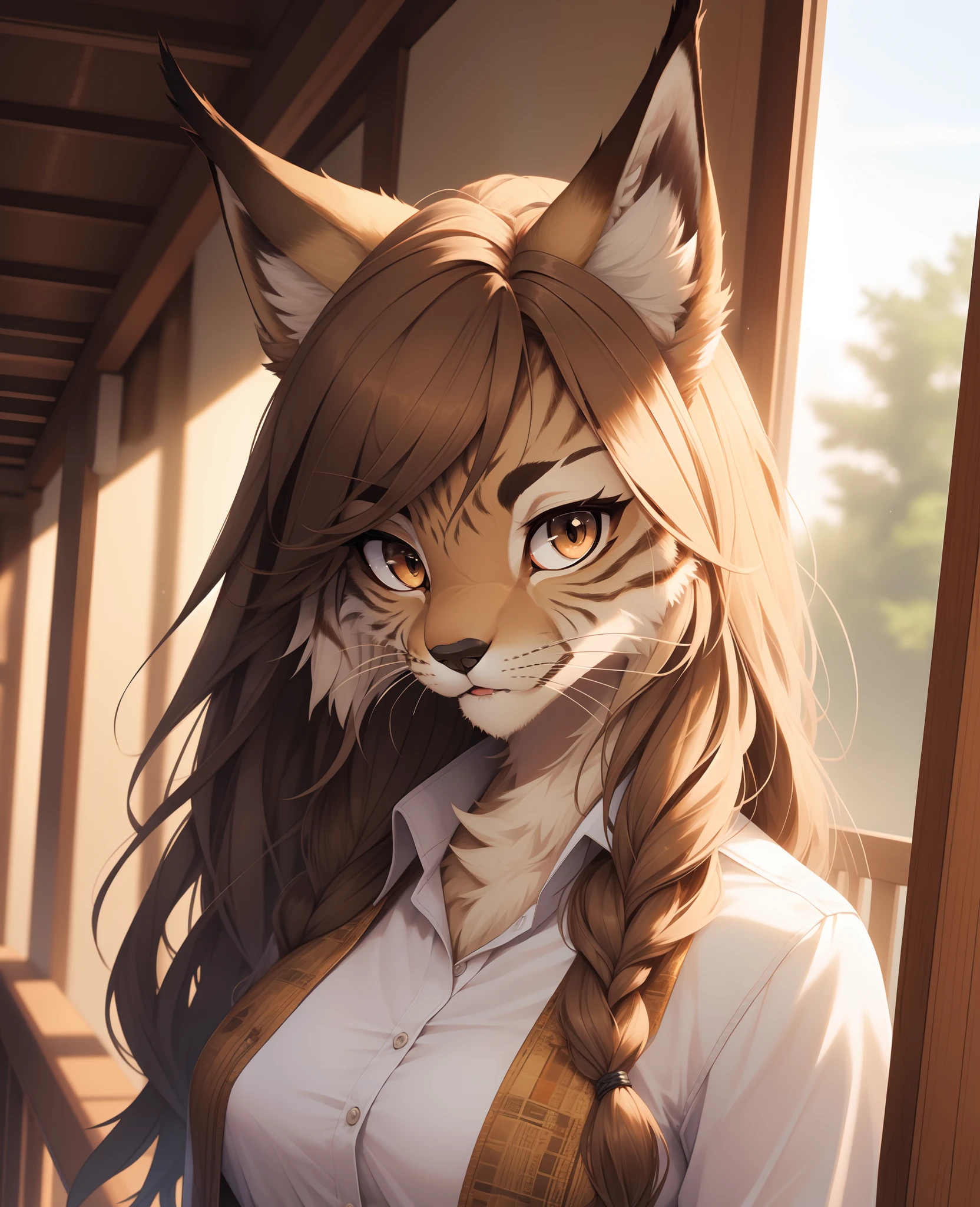 masterpiece, realistic, professional photo, female anthropomorphic lynx, shirt, detailed fur, (furry body:1.2), pretty face, detailed hair,