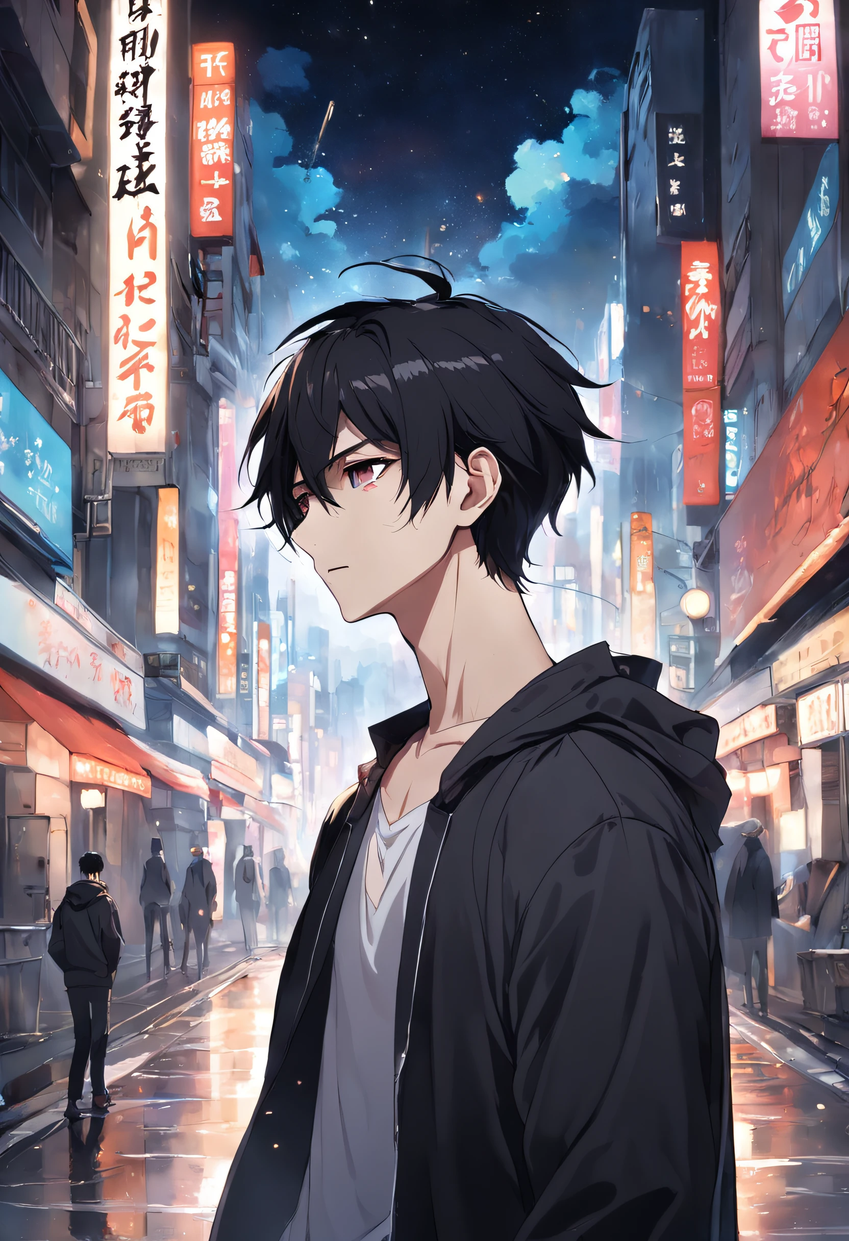 masterpiece、Adults、３０Uncle of the Generation、twinks、forehead、30-years old、A dark-haired、Black jacket、Black pants、white t-shirts、Give bangs、Sticking out your forehead、twinks、Eyes drawn in detail、a handsome、Inside the city、starrysky、Mystical light、Dramatic light、Cinematic power、
