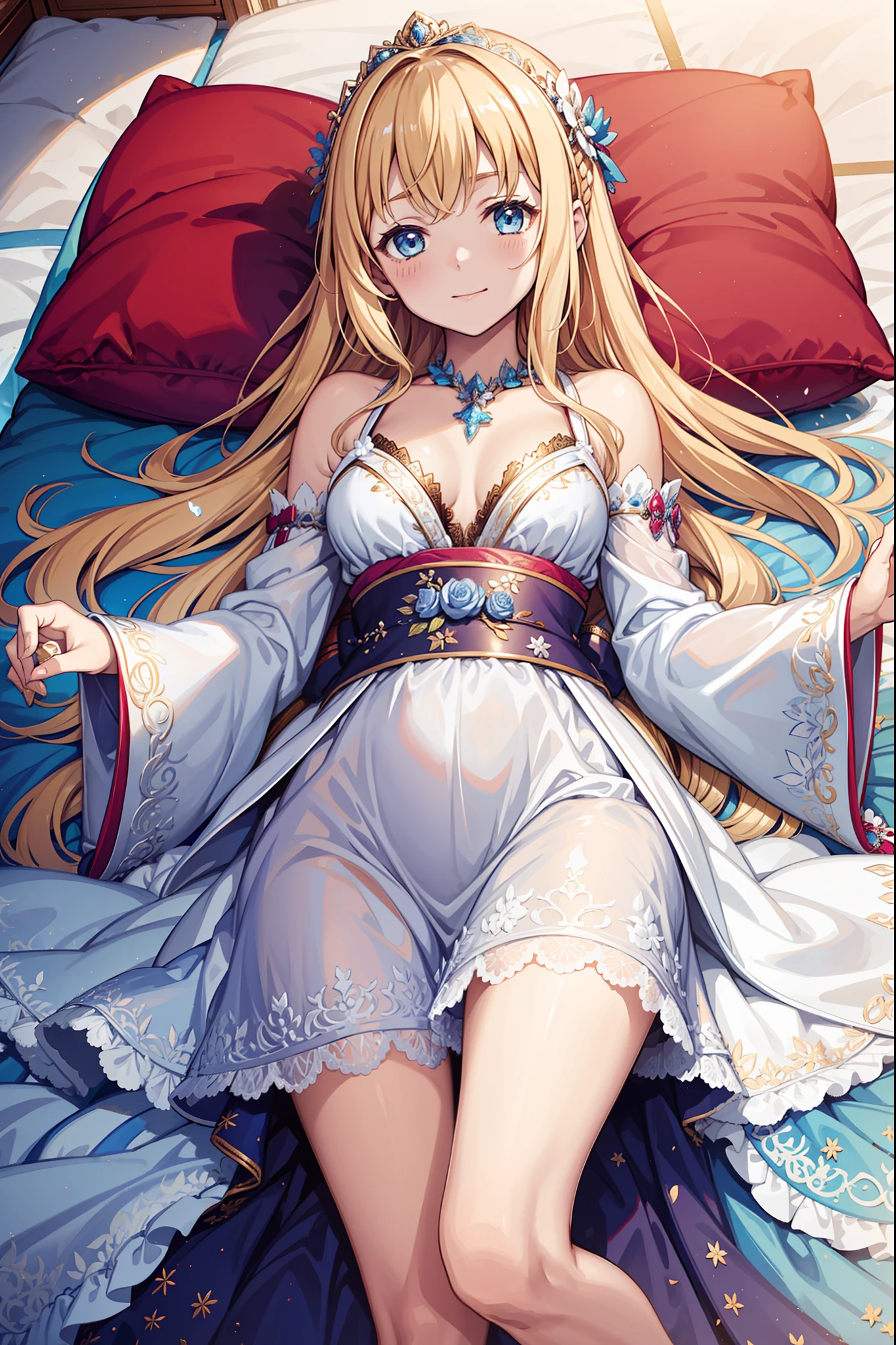 s girl,divino,Enchanted,having fun,Being in love,blond hairbl,pale robe,intricate detailed clothes,Pattern,Princess headband,A small amount of lace,swim wears,Bedrooms,solo person,the night,(Lie down),pillow head