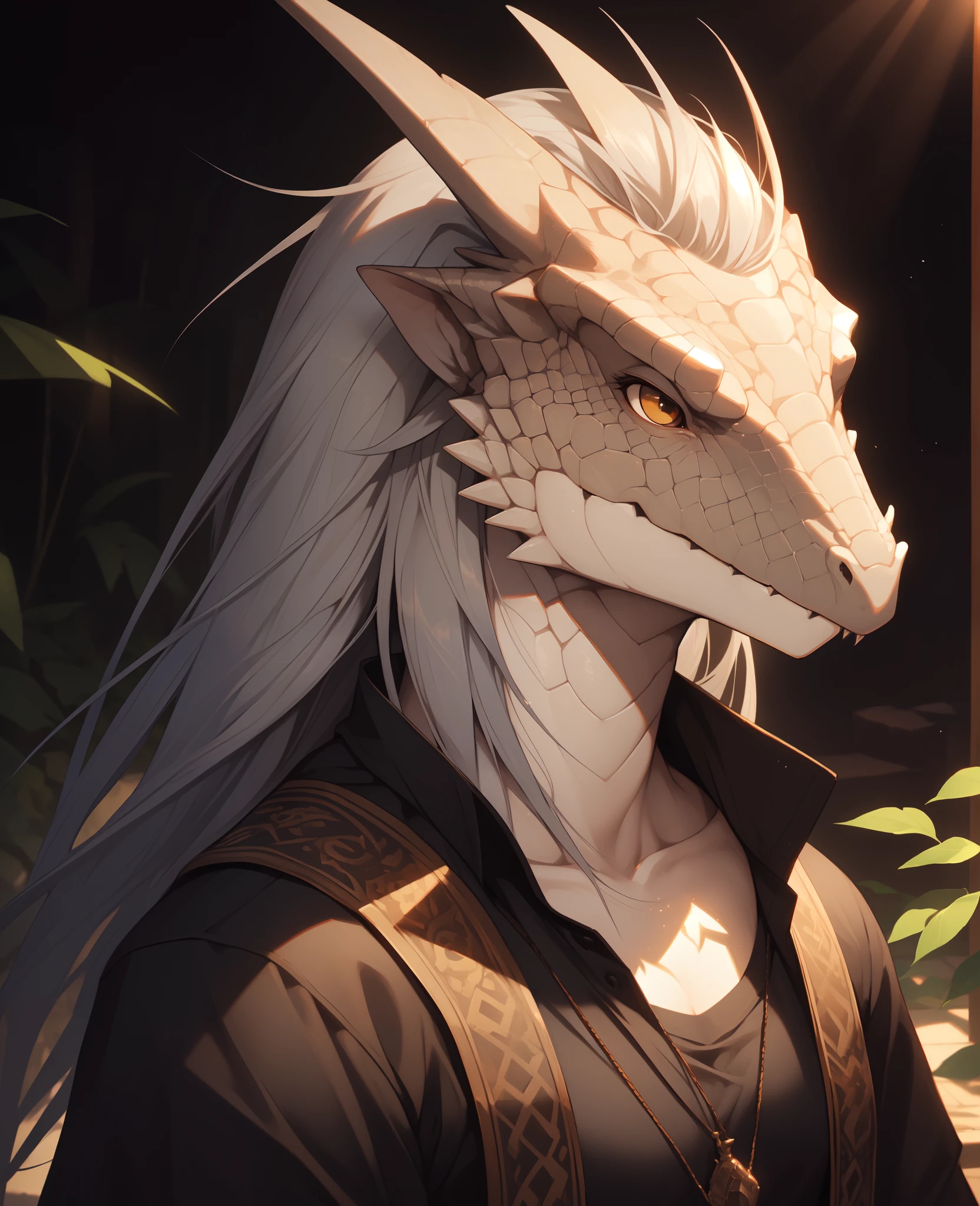 hi res, 8k, (masterpiece), soft shading, ultra detailed, detailed realistic painting, hdr, dslr, good anatomy, (masterpiece:1.2),(Portrait:1.5), scaled skin texture, (white skin),(gray hair),female, pterodactylus, dinosaur, Scales on face, fang, (black shirt), (simple backround),   depth of field, (detailed Bonifasko lighting), anatomically correct, [[by kenket|by totesfleisch8], by thebigslick:by silverfox5213:0.8], [by syuro, by paloma-paloma::0.2] (solo:1.1), Shangri-La, gobo light, rim light, volumetric light, looking at viewer,