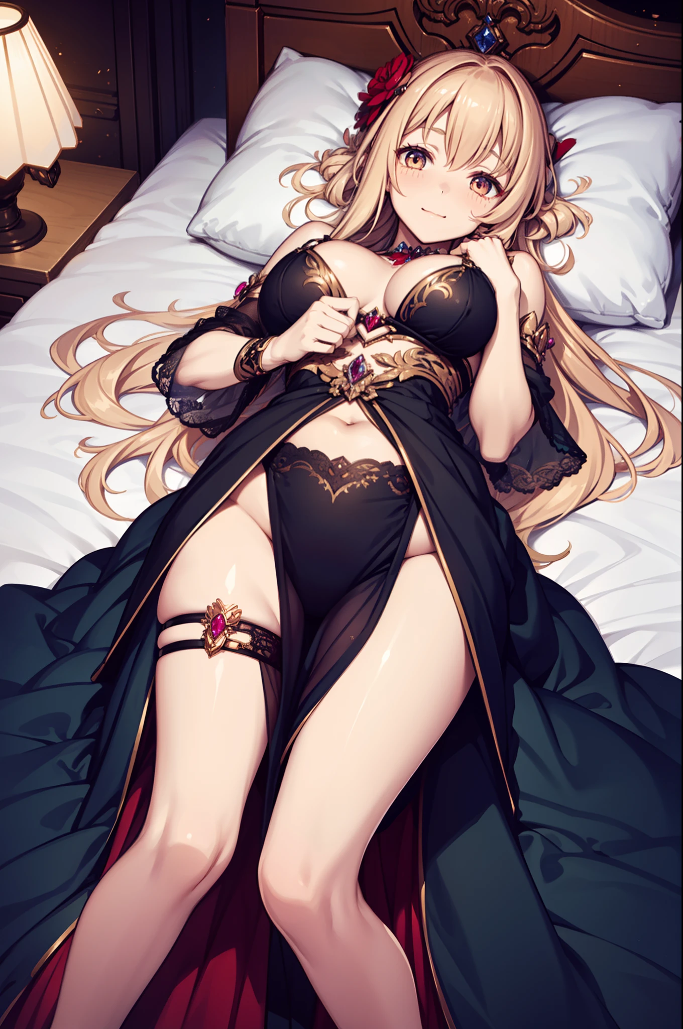 s girl,Enchanted,having fun,Being in love,Princess dress,Deep black bikini,see-through sleeves,Transparent skirt,exquisite costumes,Bedrooms,solo person,blond hairbl,Dark environment,pillow head,(Lie down),(Extremely detailed CG unity),