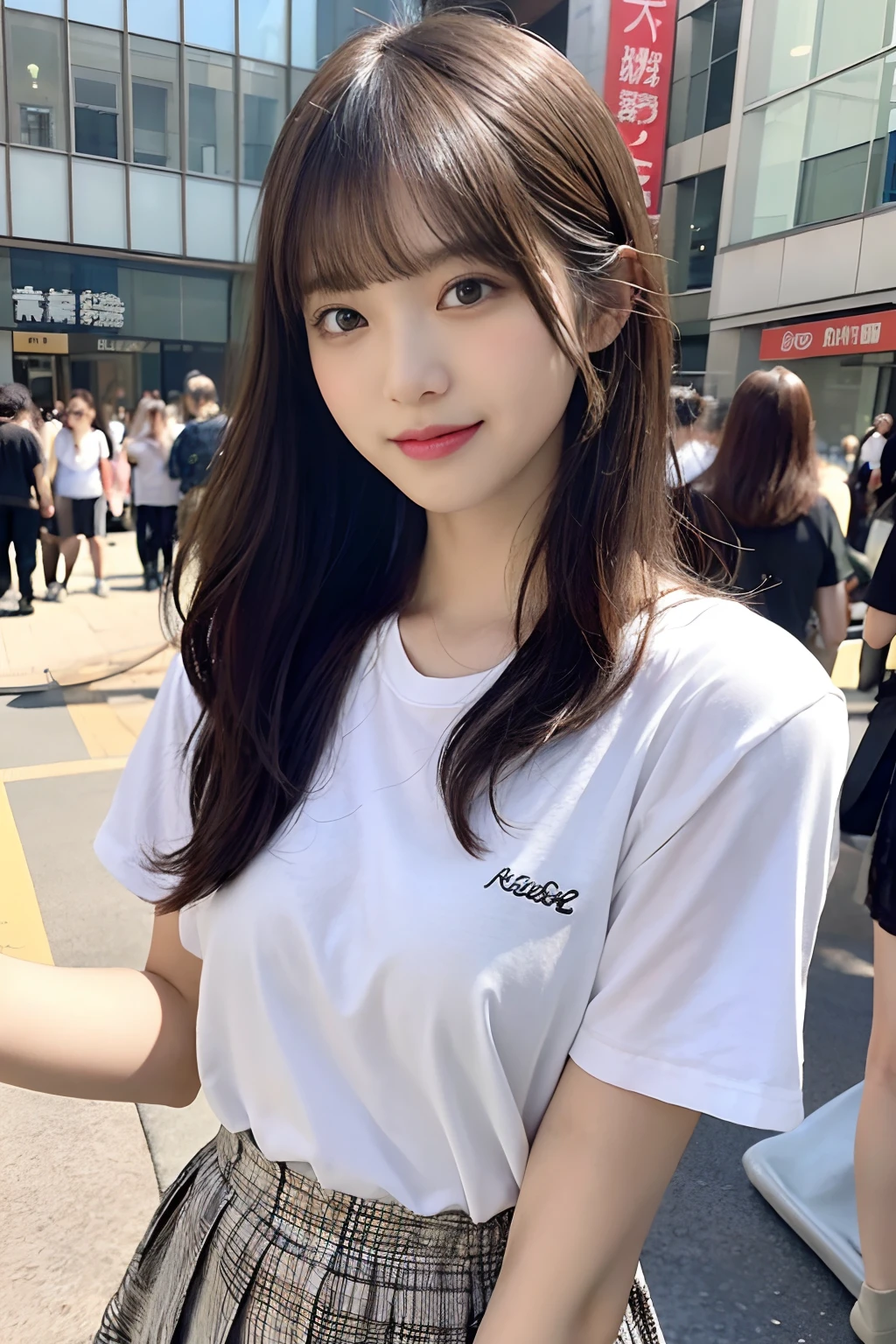 8k,best quality, masterpiece, ultra detailed, ultra high res, photorealistic, raw photo, absurdres, absolutely resolution, 1girl, solo,upper body, (looking at viewer:1.3),a Japanese young pretty girl,hyper cute face, glamorous figure, large breasts, long bob hair ,smile,(White T-shirt, denim super shorts:1.3), sunset beach, glossy lips, double eyelids in both eyes, beautiful detailed eyes,natural makeup, shiny smooth light brown long bob hair, asymmetrical bangs, shiny skin, central image, high resolution, high detailing, detailed hairstyle, detailed face, spectacular movie lighting, octane rendering, vibrant, hyper realistic, perfect limbs, perfect anatomy
