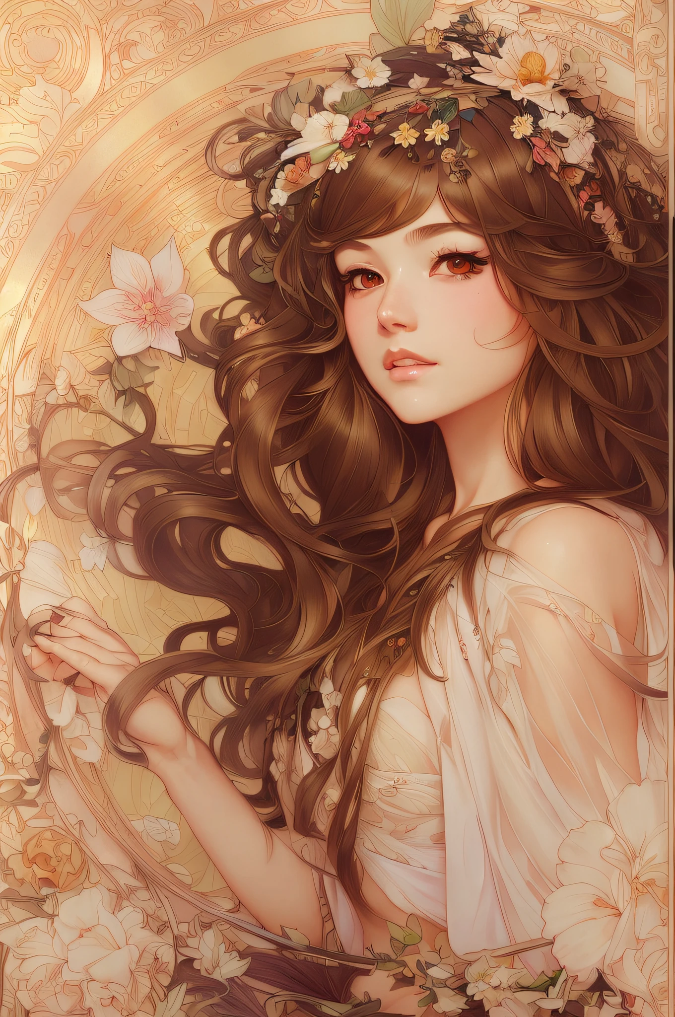 • FEMME, Mirela Anton art Style, artistic, Soft color palette, windblown flowers, Sparkle, magical photography, Soft smooth lighting, Light background, realistic photo, super detailed, 4k, High resolution, super fine sharp, High quality, Unique, with no text, watermark, poorly drawn hands, poorly drawn feet, poorly drawn face, out of frame, mutation, mutated, extra limbs, extra legs, grainy, extra arms, disfigured, deformed, cross-eye, body out of frame, blurry, blurred, bad art, bad anatomy, Poorly drawn, Long neck, Long face, Long body, Double head, Beautiful colors, 3d rendered, Alphonse Mucha, Ross Tran, stanley artgerm lau --auto --s2