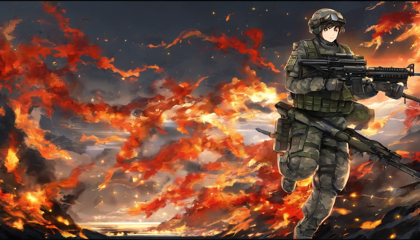 camouflage uniform,miltary,Surrounded by flames,Middle age,Dark wind,terroral,byself,Abilities