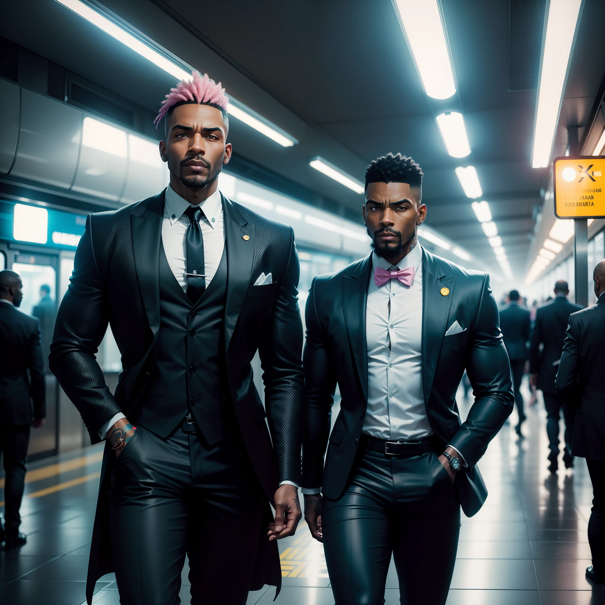 I'd like a cyberpunk style image in 4k average photo of three black characters ,40 anos de idade,,africano, forte, musculoso, de pele negra ,barba grande,barba, Estiloso Barbon,com cabelo punk estilo anos 80 na cor amarelo e cinza escuro,muito eLegante,, futurista e estiloso neon , com uma tatuagem super colorida e com neon ,Toattoo, facing a metro station on the platform , with station lights failing in a dimly lit environment, standing dressed in a dark yellow suit with a pink bow tie and baggy shirt.