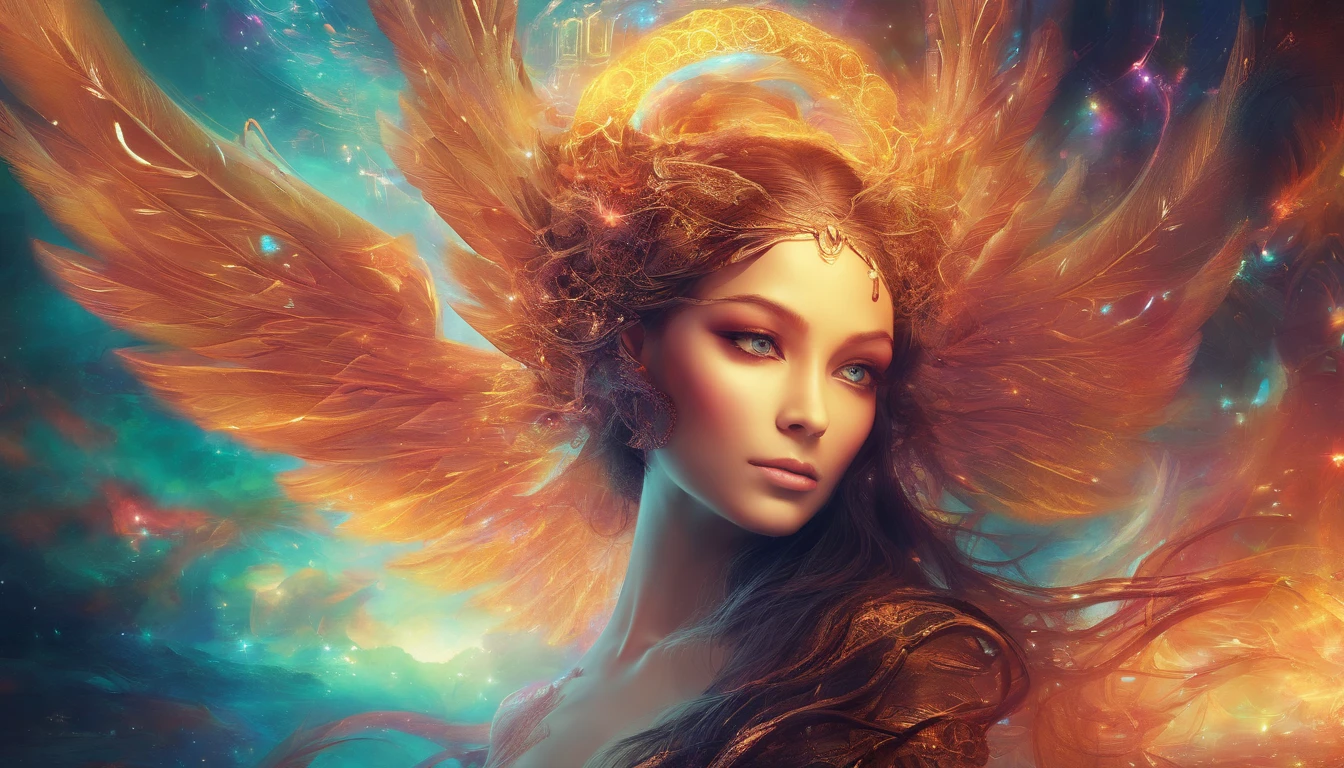 Cosmic Fallen Angel, glowing light eyes, Delicate and beautiful face,Bigchest,Biomechanical, eerie, Dream-like, Very bright colors, Light particles, with light glowing, Mshiv, wallpaper art, UHD wallpaper