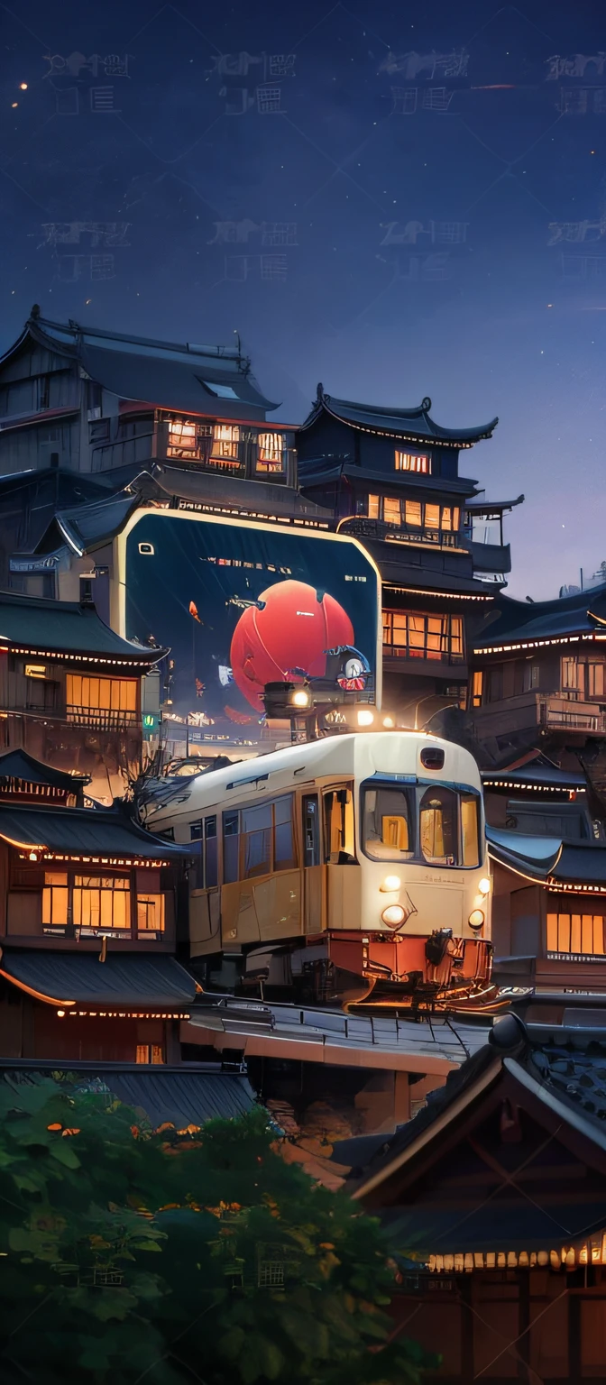 There is a train that runs along the tracks at night, trending on cgstation, overlaid with chinese adverts, trending at cgstation, dreamy Chinese towns, Stylized digital illustration, Chinese fantasy, Overlay Chinese text, 3840 x 2160, 3840 x 2160, inspired by Chen Daofu