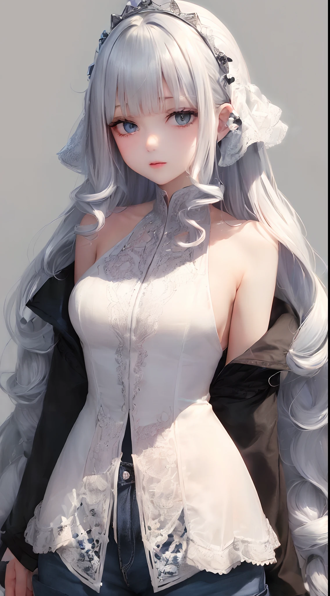 (((silber hair、Cowboy Shot、Upper body、 upper body closeup、Portrait、looking in camera)))、[monochromes:Subdued Color:2.6] theme, (masutepiece), (Best Quality), , Light Layer, Lustrous skin, (intricate-detail , taut clothes, ),  White hair, hime-cut, Blunt bangs、Blue eyes、 30s、(maturefemale)、((long curly hair、Sewn、Manteau、shortpants、Beautiful breasts))、symmetry、Thick lip、Lustrous lips、Tall lady、Standing Pose、white backgrounid、simple background、Single-color background、femele１a person、