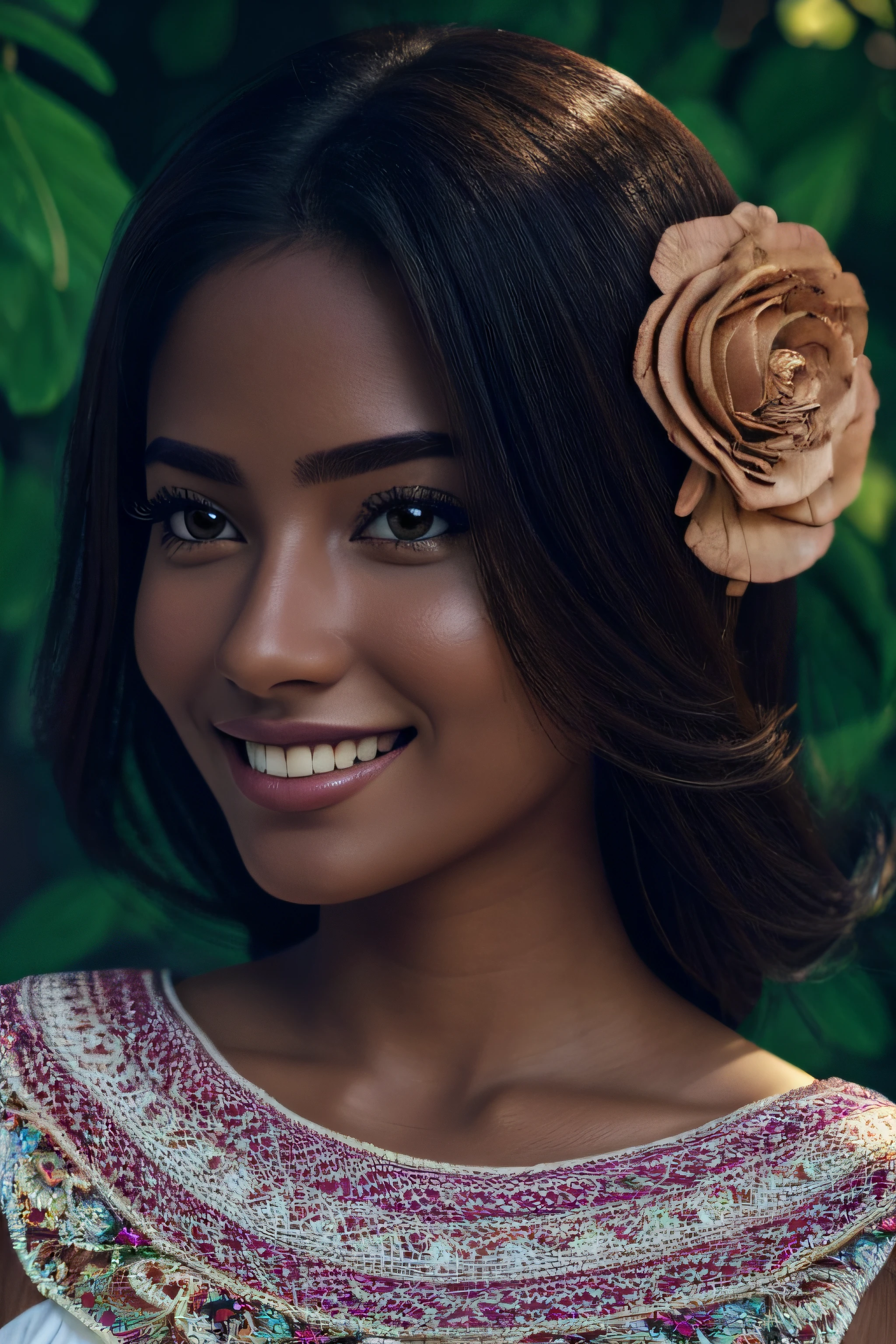 Colombian woman,cinnamon-colored skin,beautiful eyes,lovely smile,vibrant personality,digital art,detailed portrait,ultra-realistic(best quality,4k,highres:1.2),artistic composition,professional,fine details,feminine beauty,natural lighting,soft shadows,vivid colors,warm color palette,expressive eyes,detailed eyelashes,shiny lips,joyful expression,happy and confident face,traditional Colombian clothing,floral patterns,traditional accessories,well-groomed eyebrows,natural makeup,graceful pose,pleasant background,greenery,peaceful atmosphere --auto