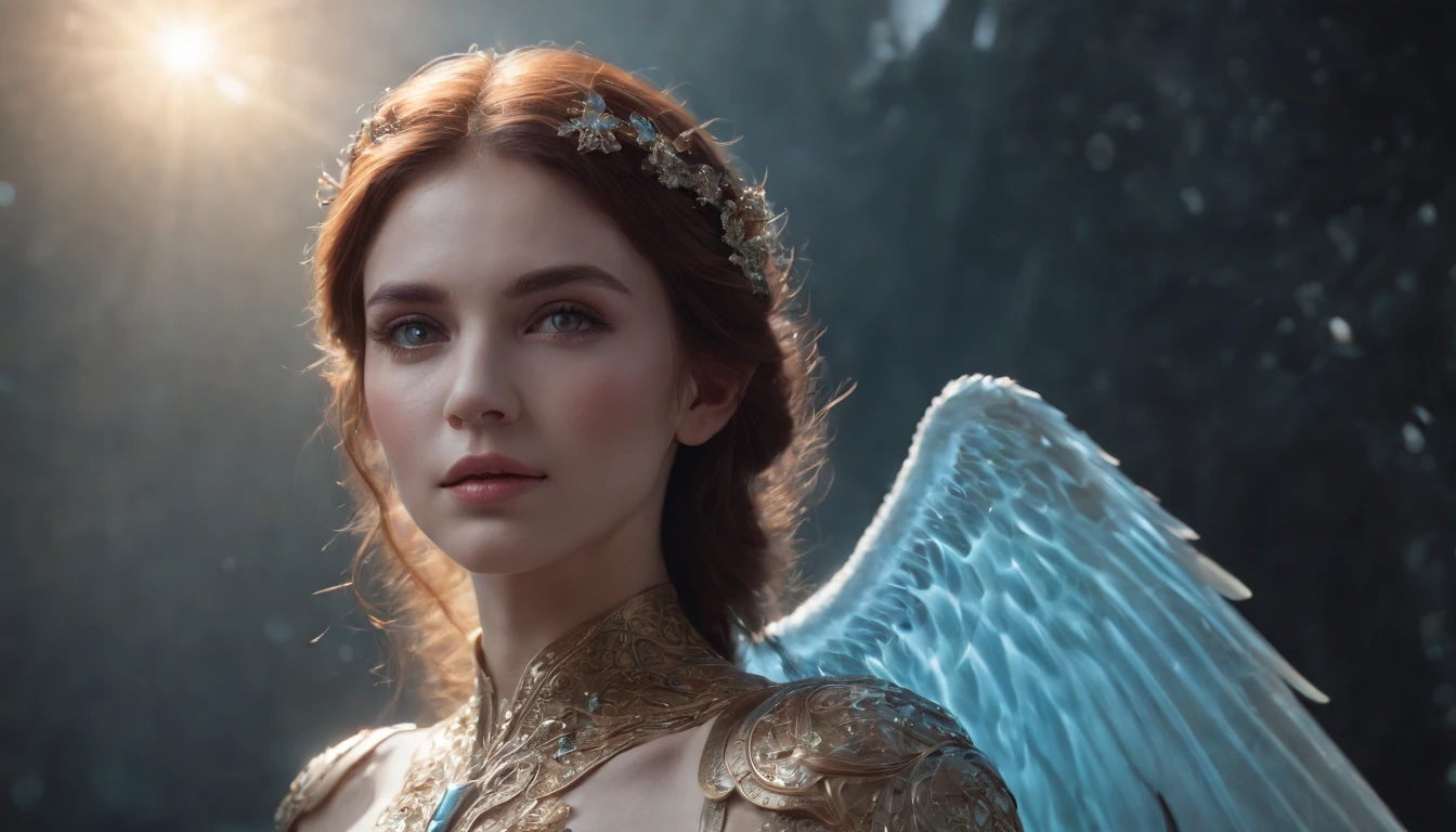 Cosmic Fallen Angel, glowing light eyes, Delicate and beautiful face,Bigchest,Biomechanical, eerie, Dream-like, Very bright colors, Light particles, with light glowing, Mshiv, wallpaper art, UHD wallpaper