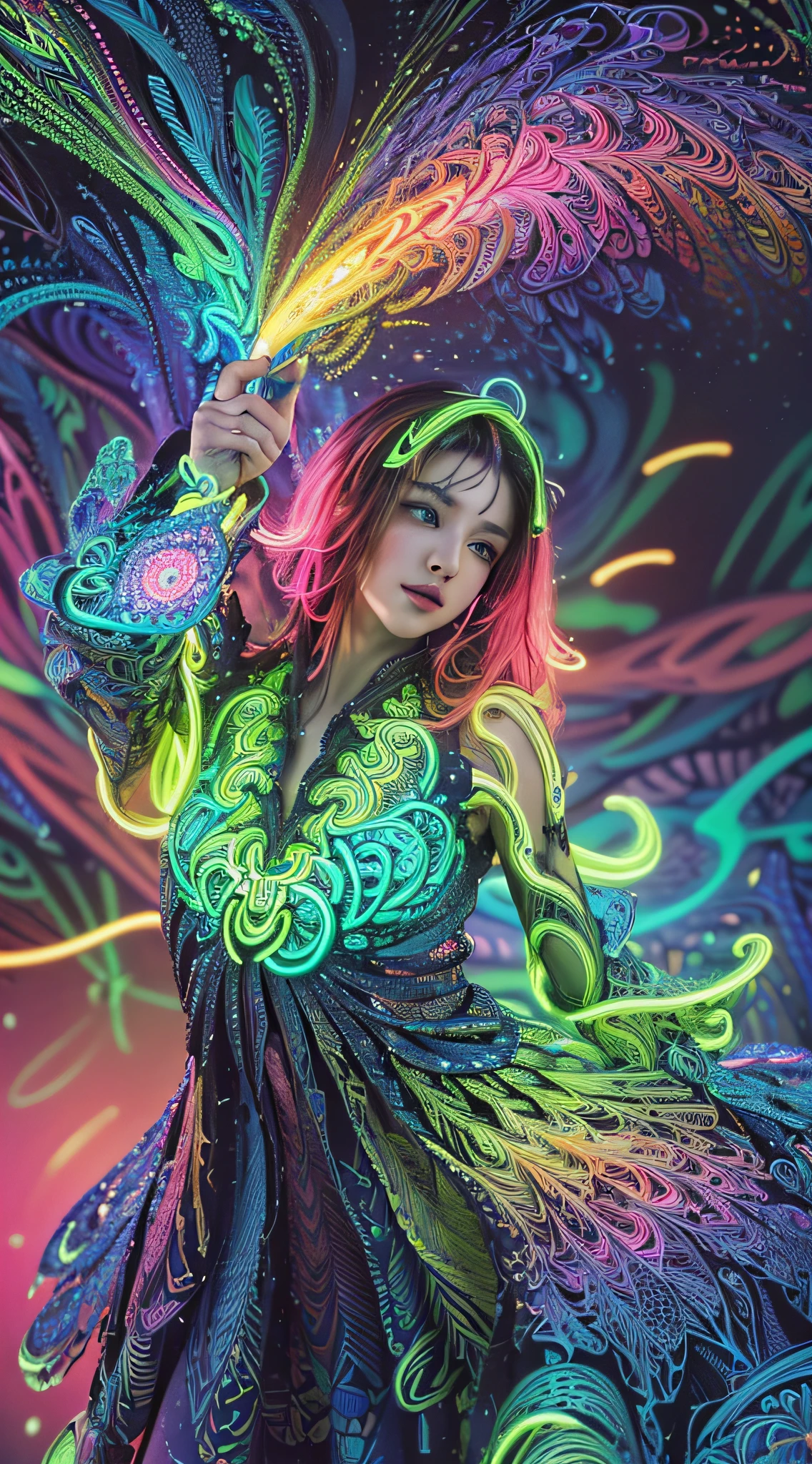 (masterpiece, top quality, best quality, official art, beautiful and aesthetic:1.2), (1girl:1.3), extremely detailed,(fractal art:1.2),colorful,highest detailed,( zentangle neon:1.2), (dynamic pose), (abstract background neon:1.5), (treditional dress:1.2), (shiny skin), (many colors:1.4), upper body ,Neon,16K,Full HD