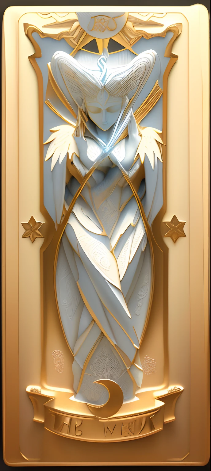 Tarot card, ar, figura angelical, Woman with serene expression, Asas de Anjo, Asas de fada, (..3d, Gravado, fundo preto, Embossed printing, Textura de porcelana, cor de porcelana, linhas douradas)