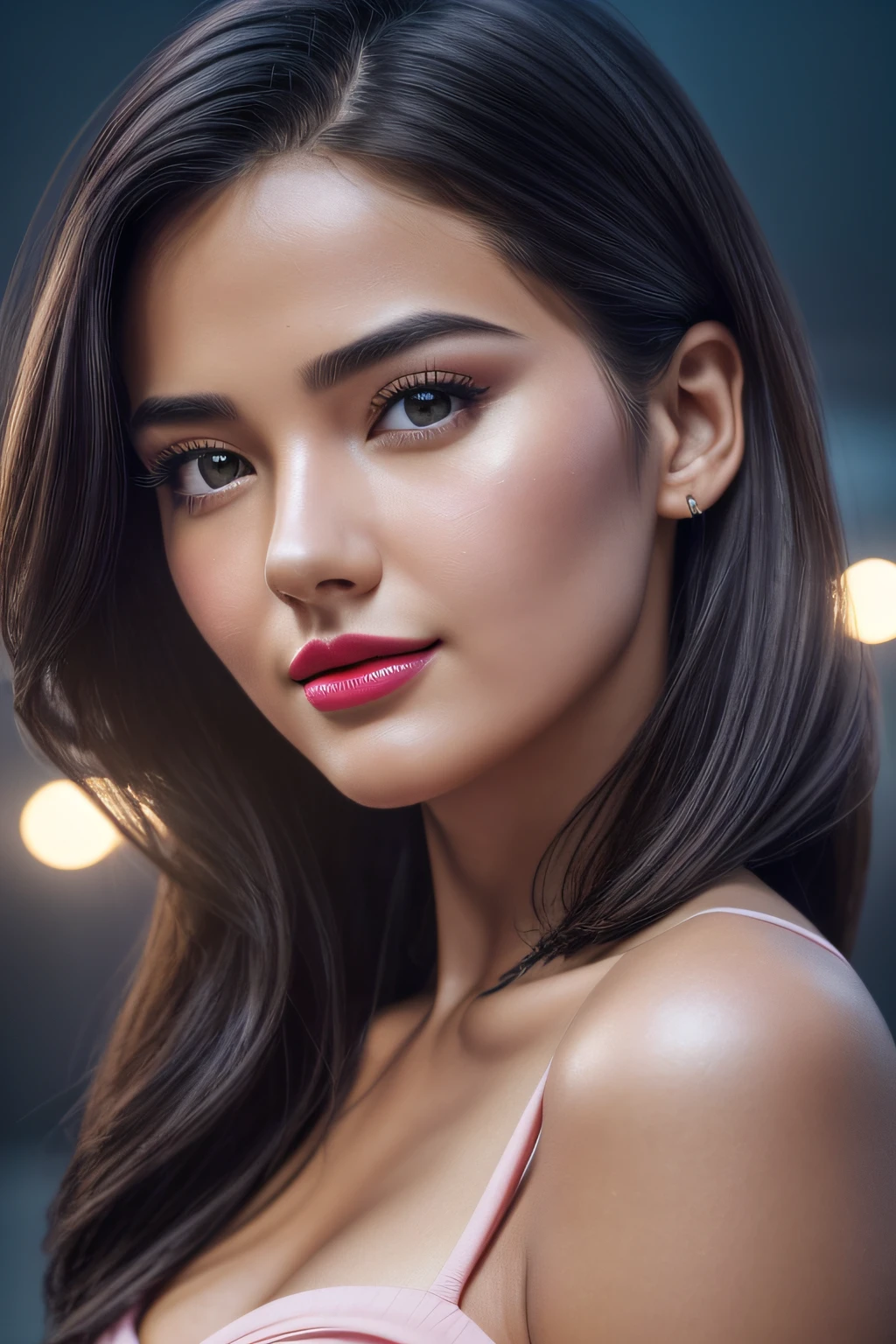 ['art by Ilya Kuvshinov, photograph, high angle portrait shot of a Ultrarealistic smiling woman,], front face posture, working in laptop, looks at the camera, mix4,(8k, RAW photo, best quality, masterpiece:1.2), (realistic, photo-realistic:1.37),((professional makeup, light pink lipstick)),1girl,cute,cityscape, night, rain, wet, professional lighting, photon mapping, radiosity, physically-based rendering,, gradient black colour hair,, blac-brown hair, mid wavy hair, handsome, girl, pink ball suit, top quality picture, high resolution, 1080p, (clear face), (detailed facial description), (detailed hand description), (masterpiece), (exquisite CG), extreme light and shadow, messy hair, master's work, rich details, (fine facial features), (highest quality picture), (masterpiece), (detailed eyes),Look ahead with your eyes,Fine collarbone