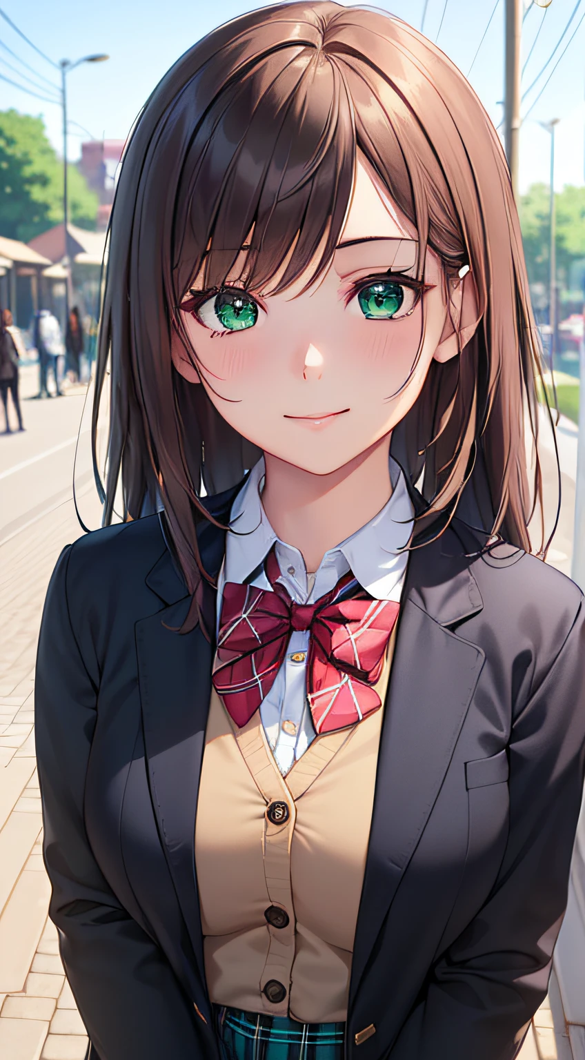 ((masterpiece, best quality, highres, UHD, perfect pixel, depth of field, 4k, RTX, HDR))), 1girl, single, solo, beautiful anime girl, beautiful artstyle, anime character, ((long hair, bangs, brown hair, curly hair:0.5)), ((green eyes:1.4, rounded eyes, beautiful eyelashes, realistic eyes)), ((detailed face, blushing:1.2)), ((smooth texture:0.75, realistic texture:0.65, photorealistic:1.1, anime CG style)), medium breasts, dynamic angle, perfect body, ((portrait, pov)), ((red bowtie, school uniform, black jacket, open jacket, brown cardigan, white shirt, black skirt, plaid skirt)), smile, hands up, amusement park