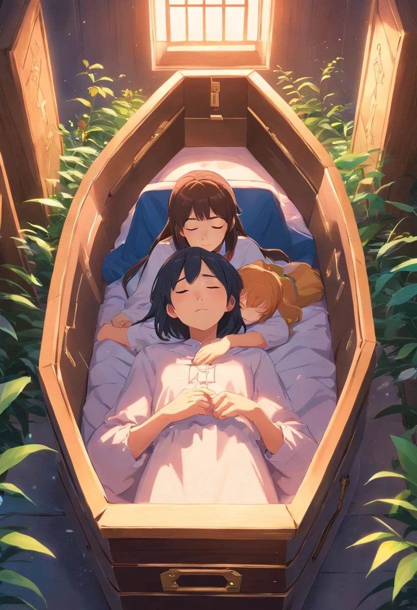 Twin sisters sleeping in a coffin