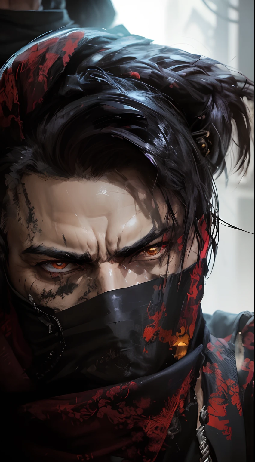 a man Ninja portrait, red eyes, Black clothes, shadows, (Masterpiece), ((Best quality))