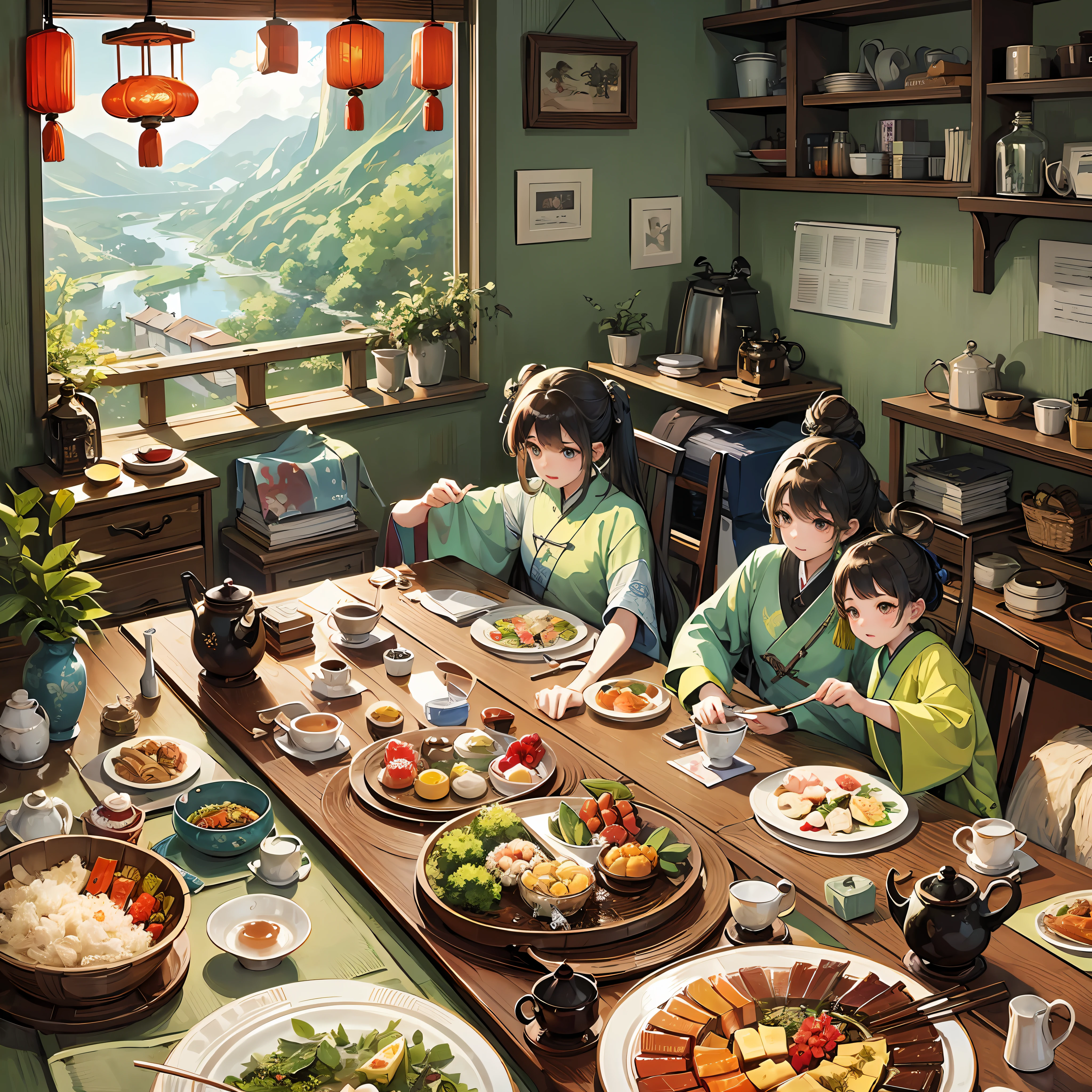 Masterpiece, HD, a poster, the theme is Dragon Boat Festival, zongzi, Chinese tea set, wormwood herbs, dragon boats, family reunion, early summer, water drops, sunshine, clear sky, --auto --s2