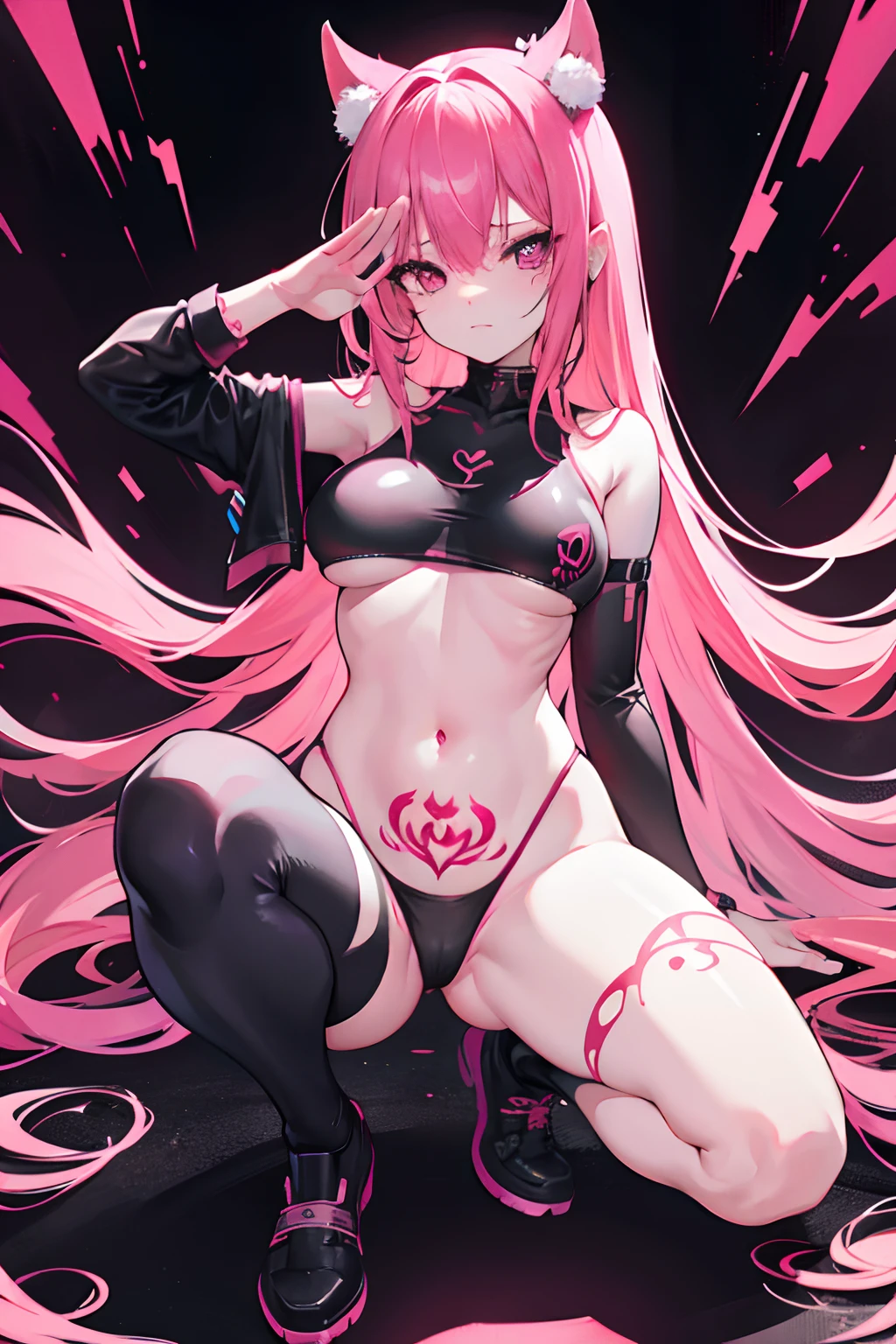In the world of hell,Girl with pink hair in symbiote set,There is a bright pink tattoo in the style of the uterus on the lower abdomen,Bright pink pupils,salute,Wearing a naked,liquids,bodily fluids,MuCoi,Slippery Nipple,Full body detail 4K,Dreamlike,and its detailed full-body detail 4K