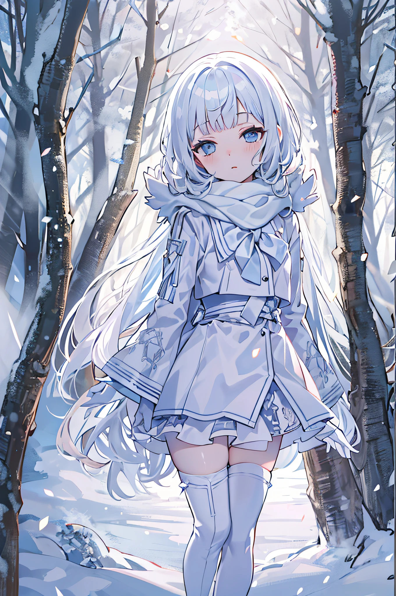 Light blue eyes，Princess cut，gray hairs，White thigh boots，White Gothololita，White over-the-knee stockings，white bows，Full body like，sweeping bangs，half-closed eye，Long white scarf，forested，Night，winter season，a masterpiece of，4K，Award-winning photos，Extremely detailled，finely detailled，Highly detailed woman，Teen girls，Extremely detailed eyes and face，Best Quority