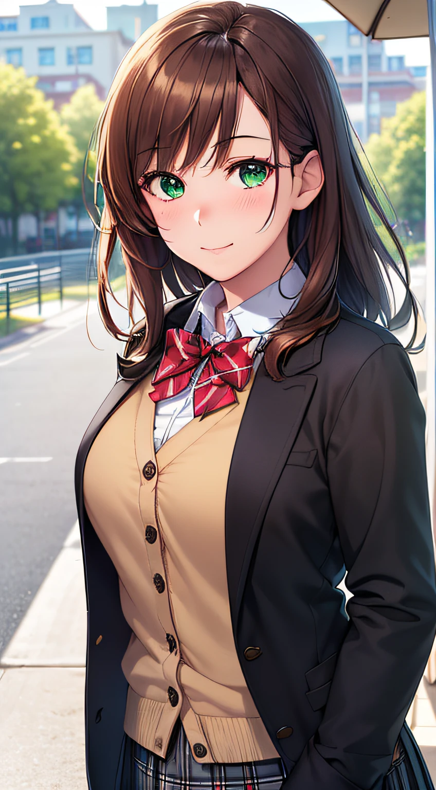 ((masterpiece, best quality, highres, UHD, perfect pixel, depth of field, 4k, RTX, HDR))), 1girl, single, solo, beautiful anime girl, beautiful artstyle, anime character, ((long hair, bangs, brown hair, curly hair:0.5)), ((green eyes:1.4, rounded eyes, beautiful eyelashes, realistic eyes)), ((detailed face, blushing:1.2)), ((smooth texture:0.75, realistic texture:0.65, photorealistic:1.1, anime CG style)), medium breasts, dynamic angle, perfect body, ((portrait, pov)), ((red bowtie, school uniform, black jacket, open jacket, brown cardigan, white shirt, black skirt, plaid skirt)), smile, hands up, amusement park