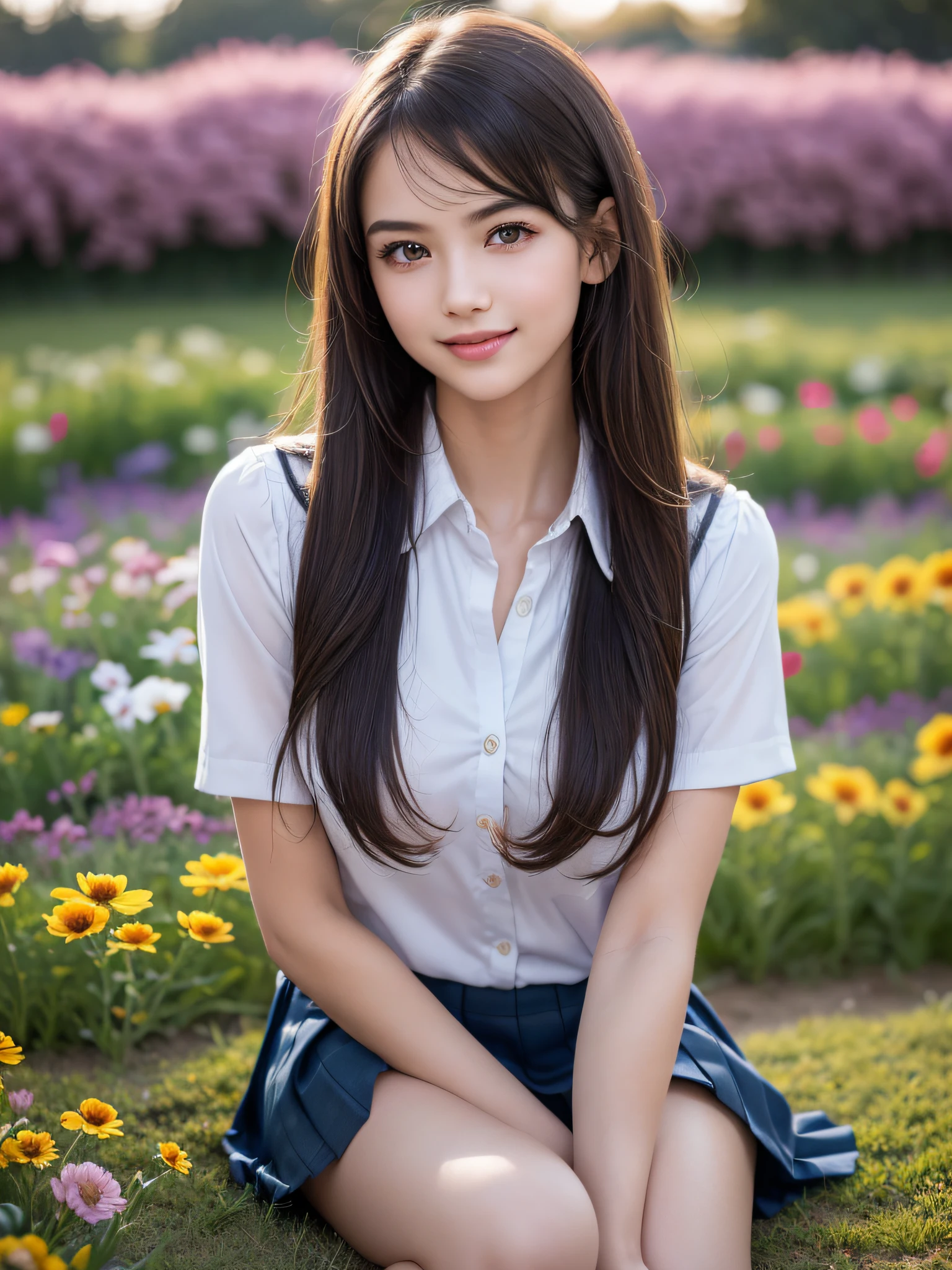 (1young girls), brown hair, (highly detailed Beautiful face), Amazing face and eyes, (Best Quality:1.4), (Ultra-detailed), (extremely detailed CG unified 8k wallpaper), Highly detailed, High-definition raw color photos, Professional Photography, Realistic portrait, Amazing face and eyes, Pink eyes, (hi-school uniform, pleated mini skirt:1.3), ((hi-school uniform with open chest)), model, smile shyly, sitting, (open your legs), (((Bokeh))), depth of fields, depth of fields, ((meadow, flower garden)), (Surrounded by many flowers, flowers:1.5), twilight, sunset, (view from below:1.3),