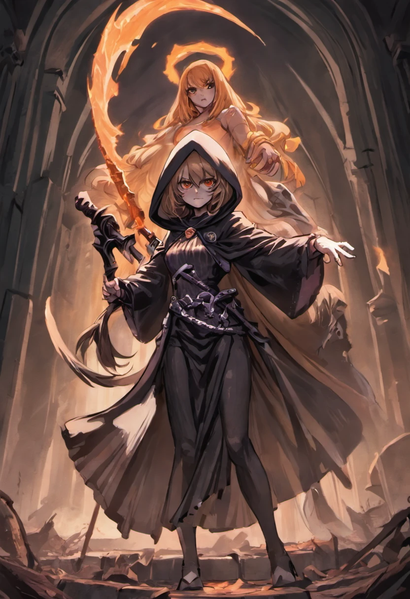 Grim Reaper and Cute Hooded Girl,The Grim Reaper emerges from the swirling shadows.Stand in the Cemetery of Forgotten Souls.(Female Grim Reaper Protecting a Girl from Behind:1.3,)Wielding a scythe,(Light brown and light orange striped hair:1.3,),Perfect face,Proper body proportion,masutepiece,High-quality output images,超A high resolution,Intricate details,Very delicate and beautiful hair,photographrealistic,Dreamy,Professional Lighting,realistic shadow,Solo Focus,Beautiful hands,Beautiful fingers,Detailed finger features,detailed clothes features,Detailed hair features,detailed facial features,