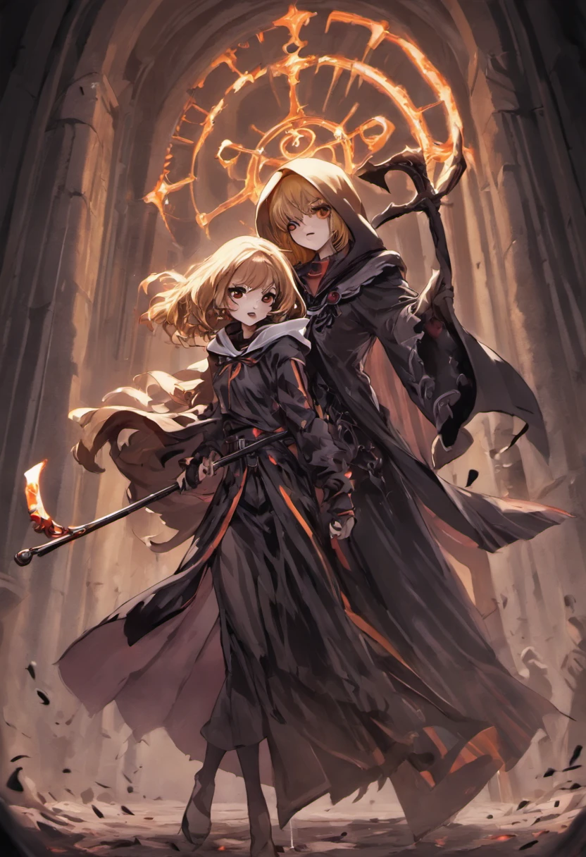 Grim Reaper and Cute Hooded Girl,The Grim Reaper emerges from the swirling shadows.Stand in the Cemetery of Forgotten Souls.(Female Grim Reaper Protecting a Girl from Behind:1.3,)Wielding a scythe,(Light brown and light orange striped hair:1.3,),Perfect face,Proper body proportion,masutepiece,High-quality output images,超A high resolution,Intricate details,Very delicate and beautiful hair,photographrealistic,Dreamy,Professional Lighting,realistic shadow,Solo Focus,Beautiful hands,Beautiful fingers,Detailed finger features,detailed clothes features,Detailed hair features,detailed facial features,