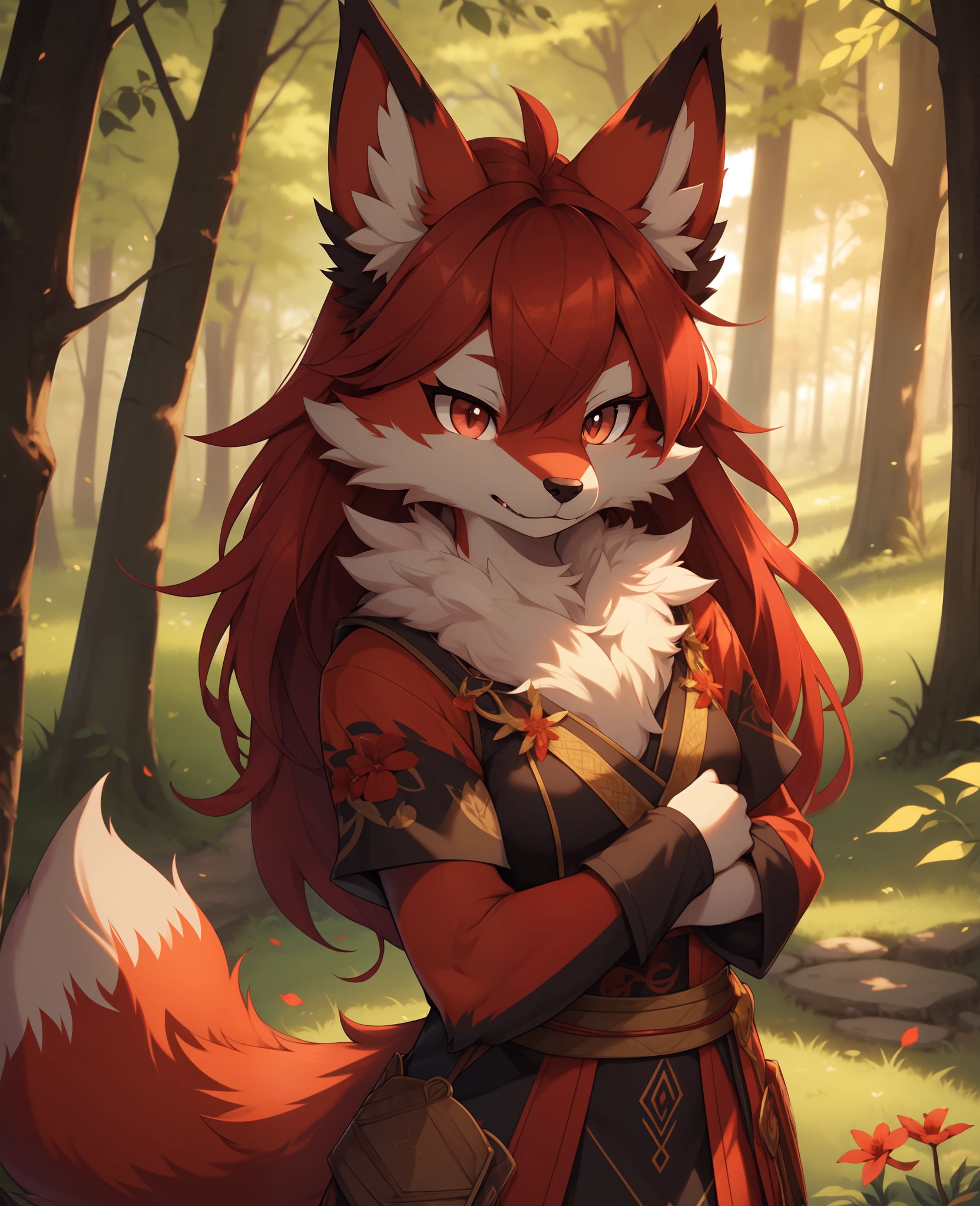 araffe with red hair and a furry tail in the woods, very very beautiful furry art, dramatic cinematic detailed fur, furry art, furry fantasy art, loish and wlop, anthro art, furry wolf, pov furry art, furry art!!!, kemono, 🌺 cgsociety, furry mawshot art, loish |, zorua pokemon, detailed fanart,