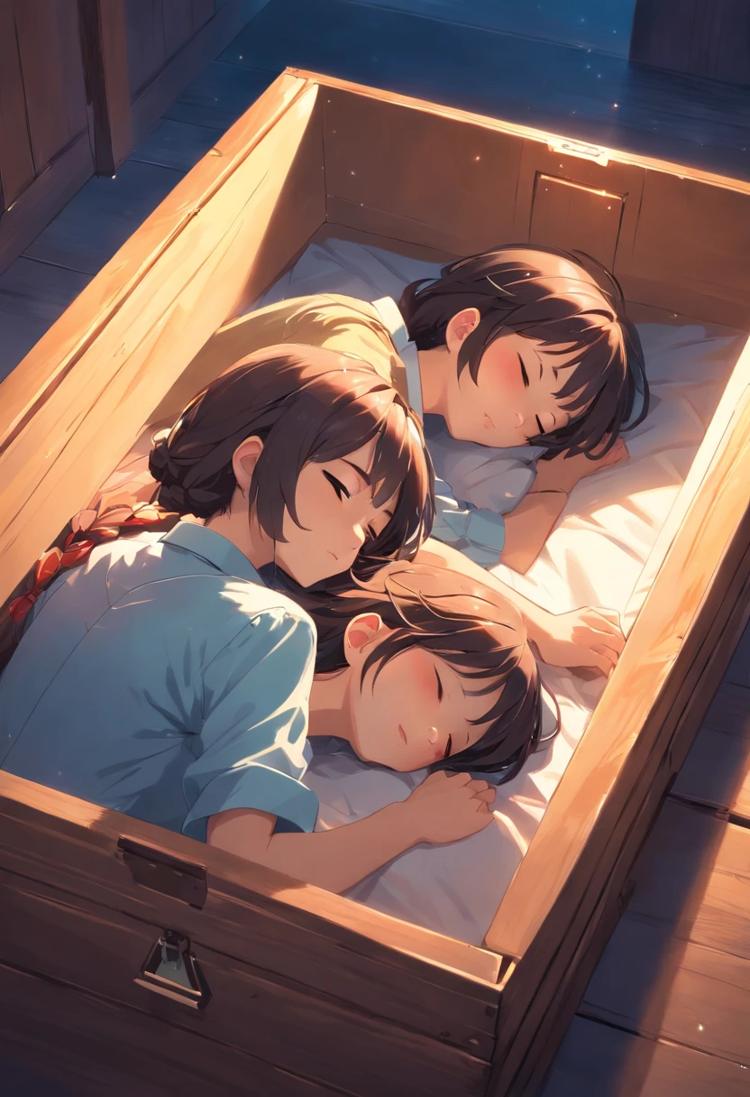 1girll, calm, Closed mouth, Collared shirt,, Twin sisters sleeping in a coffin