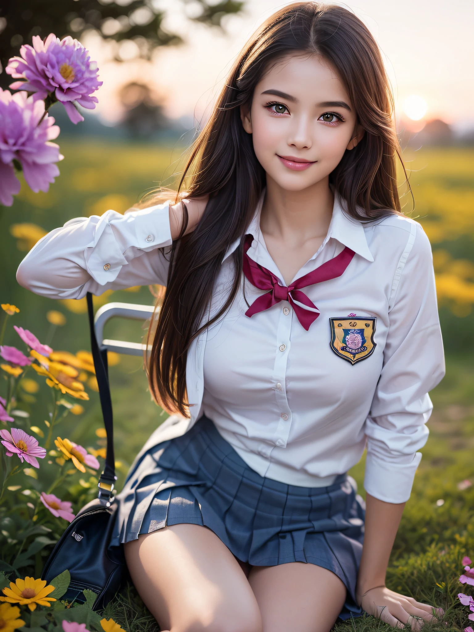 1young girl, laugh shyly, (highly detailed eyes, highly detailed hair, highly detailed face), extremely detailed CG unified 8k wallpaper, Highly detailed, High-definition raw color photos, Professional Photography, Realistic portrait, Cinematic Light, Bangs, (Beautiful breasts), (High school uniform with wide open breasts:1.25), (Pleated mini skirt:1.2), hair blowing in the wind, (no panties:1.3), sitting, spread legs wide open, outdoors, beach, (beautiful sunset:1.2), (((Bokeh))), depth of fields, (View from below),