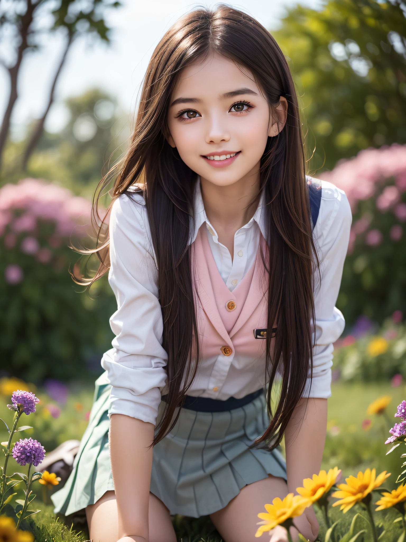 (1young girls), brown hair, (highly detailed Beautiful face), Amazing face and eyes, (Best Quality:1.4), (Ultra-detailed), (extremely detailed CG unified 8k wallpaper), Highly detailed, High-definition raw color photos, Professional Photography, Realistic portrait, Amazing face and eyes, Pink eyes, (hi-school uniform, pleated mini skirt:1.3), ((hi-school uniform with open chest)), model, smile shyly, sitting, (open your legs), (((Bokeh))), depth of fields, depth of fields, ((meadow, flower garden)), (Surrounded by many flowers, flowers:1.5), twilight, sunset, (view from below:1.3),