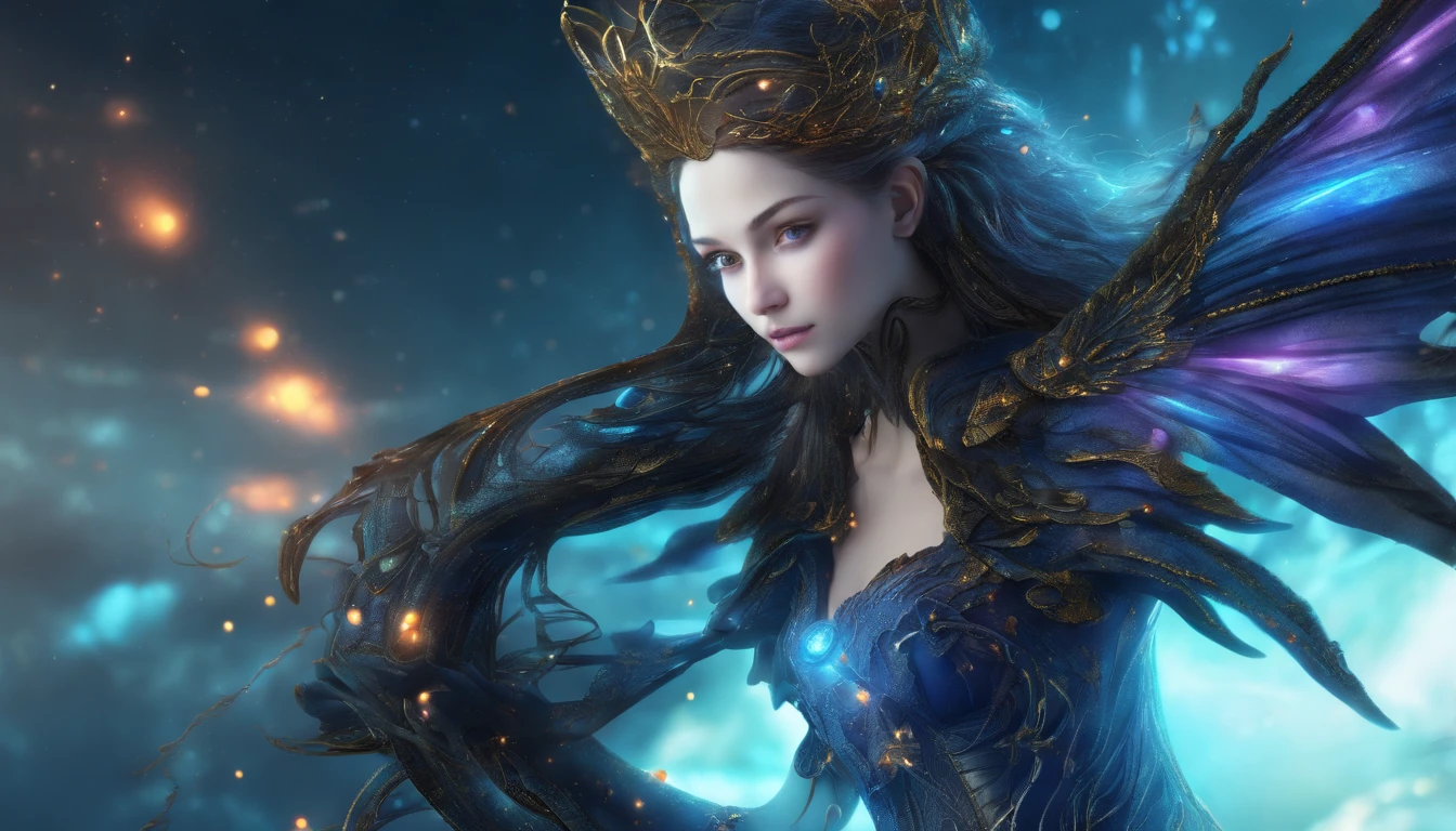 Cosmic Fallen Angel, glowing light eyes, Delicate and beautiful face,Bigchest,Biomechanical, eerie, Dream-like, Very bright colors, Light particles, with light glowing, Mshiv, wallpaper art, UHD wallpaper