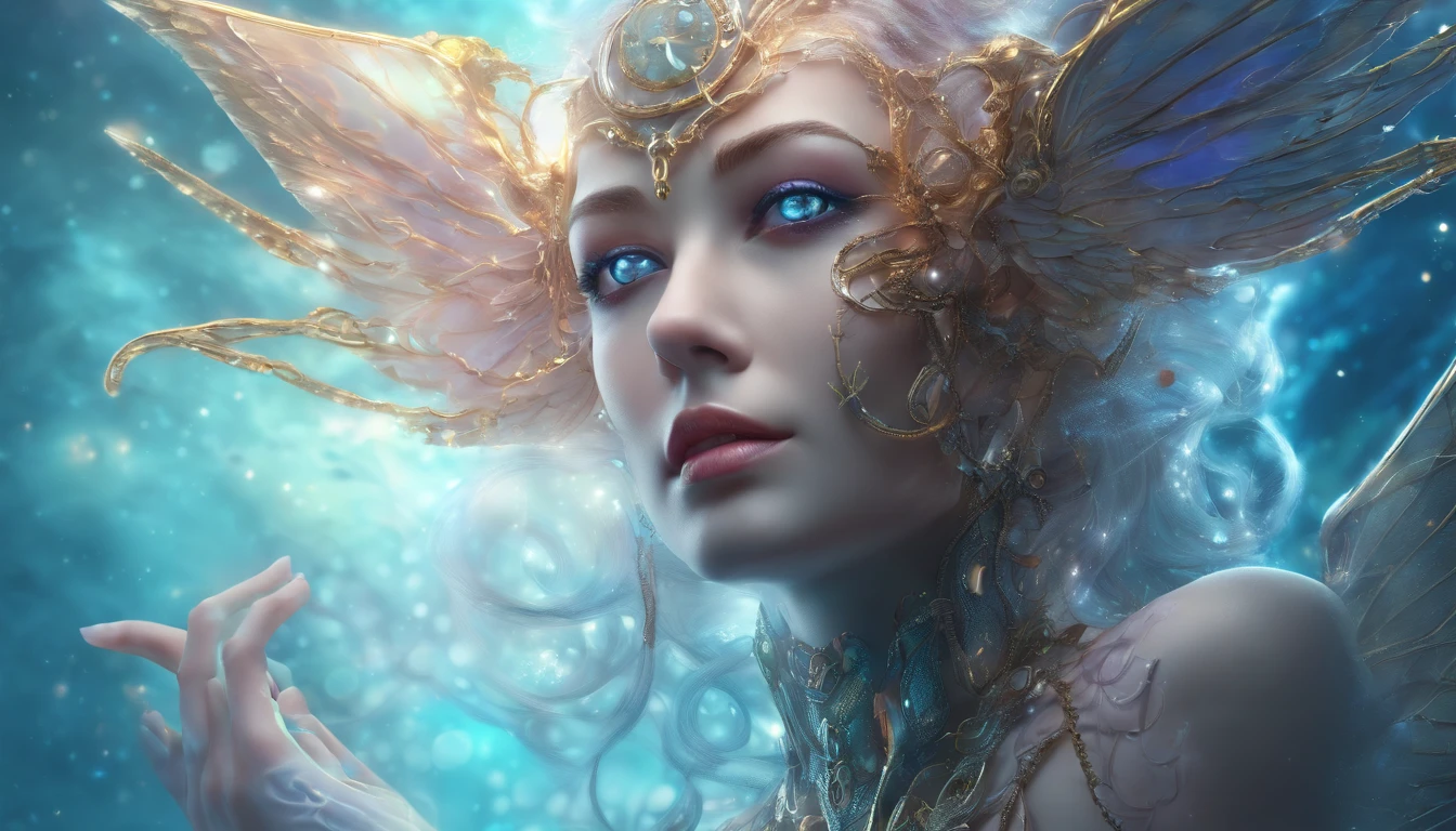Cosmic Fallen Angel, glowing light eyes, Delicate and beautiful face,Bigchest,Biomechanical, eerie, Dream-like, Very bright colors, Light particles, with light glowing, Mshiv, wallpaper art, UHD wallpaper