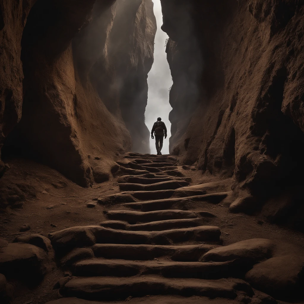 A man walks up the stairs in a cave, stairs from hell to heaven, Hellscape, Travel through hell, portal to hell, Out of the flames, portal to hell, stairway to heaven, portal to hell, Surreal hell, portal to hell, Stand in hell, iintricate、Epic composition, amazingly epic visuals, Hell background，skelleton，The skeletons fall apart on the road