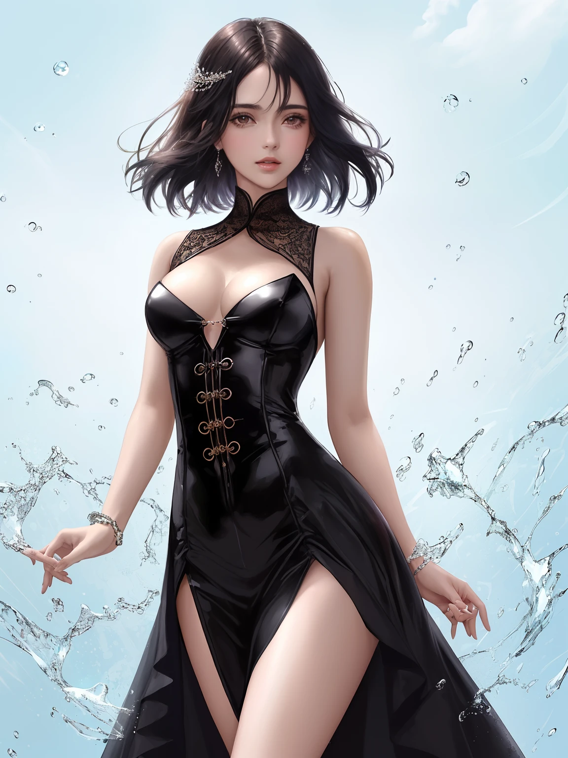 Cara de estilo anime, Skinny black latex cleavage dress, small waist, cintura delgada, ultra realista 8k cg, obra maestra, fondo ultra detallado, delicate pattern, detalle intrincado,muy detallado, detalles finos, mejor calidad, (fotorrealista, cuerpo grasiento, hay un cuerpo donde el aceite lubricante fluye hacia abajo, Verismo, Verismo, Verdadismo, el cuerpo perfecto. ojos sexy,sojos seductores) (ropa mojada con agua,Completely transparent plastic lid,medias de tirantes, medias de tirantes, medias de alto brillo,muslos carnosos apretados por medias de tirantes de alto brillo, enormes pechos suaves. Outermost transparent gauze on body, mujer hermosa, surrealista, 1 girl in, frente al espectador, mano acariciando su pecho, enormes pechos suaves, cuerpo atractivo, sentado, cabello moreno, Wet rain, cuerpo mojado, pintura, obra maestra, mejor calidad, ultra detallado, absurdo, retrato hermoso, solo, pendientes, joyas, sonrisa, collar, medias transparentes, sexy, volumetric, mejor calidad, obra maestra, detalles intrincados, textura realista de la piel, pixiv, Super detailed, tendencia Artstation, piel grasa, thin waist with moist pink skin, senos grandes y volteados, ropa transparente, senos enormes, personajes de anime, Anatomically correct skin, texturizada,enormes pechos, La imagen es colorida, Las pinceladas de la pintura de figuras son de varias capas y ricas, ojos morados,pendientes dorados,sombras extremas,cabello negro,fondo oscuro,noche,street.