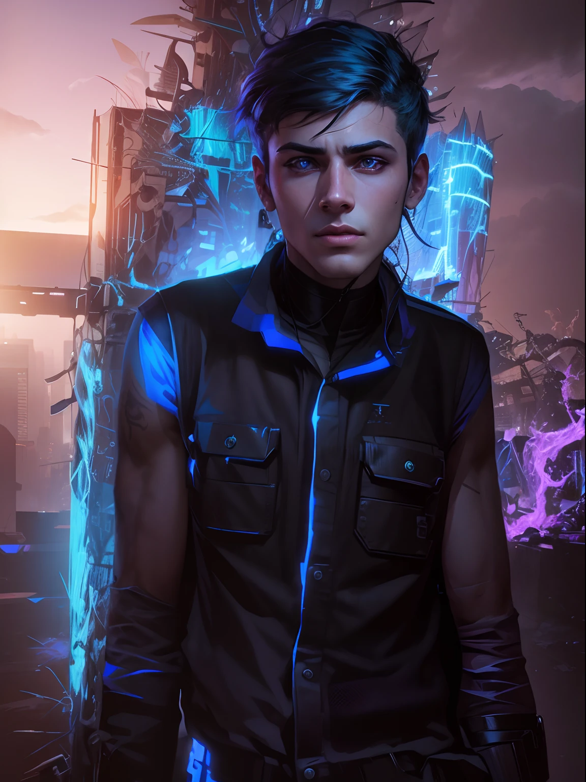 Change background cyberpunk handsome boy, realistic face,8𝚔 𝚞𝚕𝚝𝚛𝚊 𝚛𝚎𝚊𝚕𝚒𝚜𝚝𝚒𝚌.