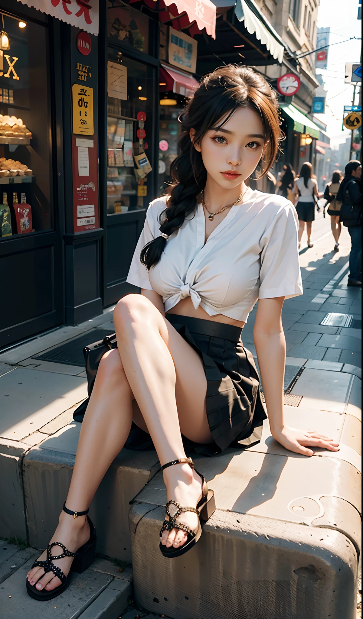 the city street,teens girl,(Double twist braid),short skirt,Crop tops,(High-soled sandals),Jade foot manicure,Normal posture,depth of fields, A high resolution, ultra - detailed, filigree, RAWE is very detailed, very detailed eyes and faces, Sharp pupils, realistic pupil, tack sharp focus, cinmatic lighting,full bodyesbian,Bigboobs,long leges,From the front side,banquet,dynamicposes,Normal posture,closeup of face