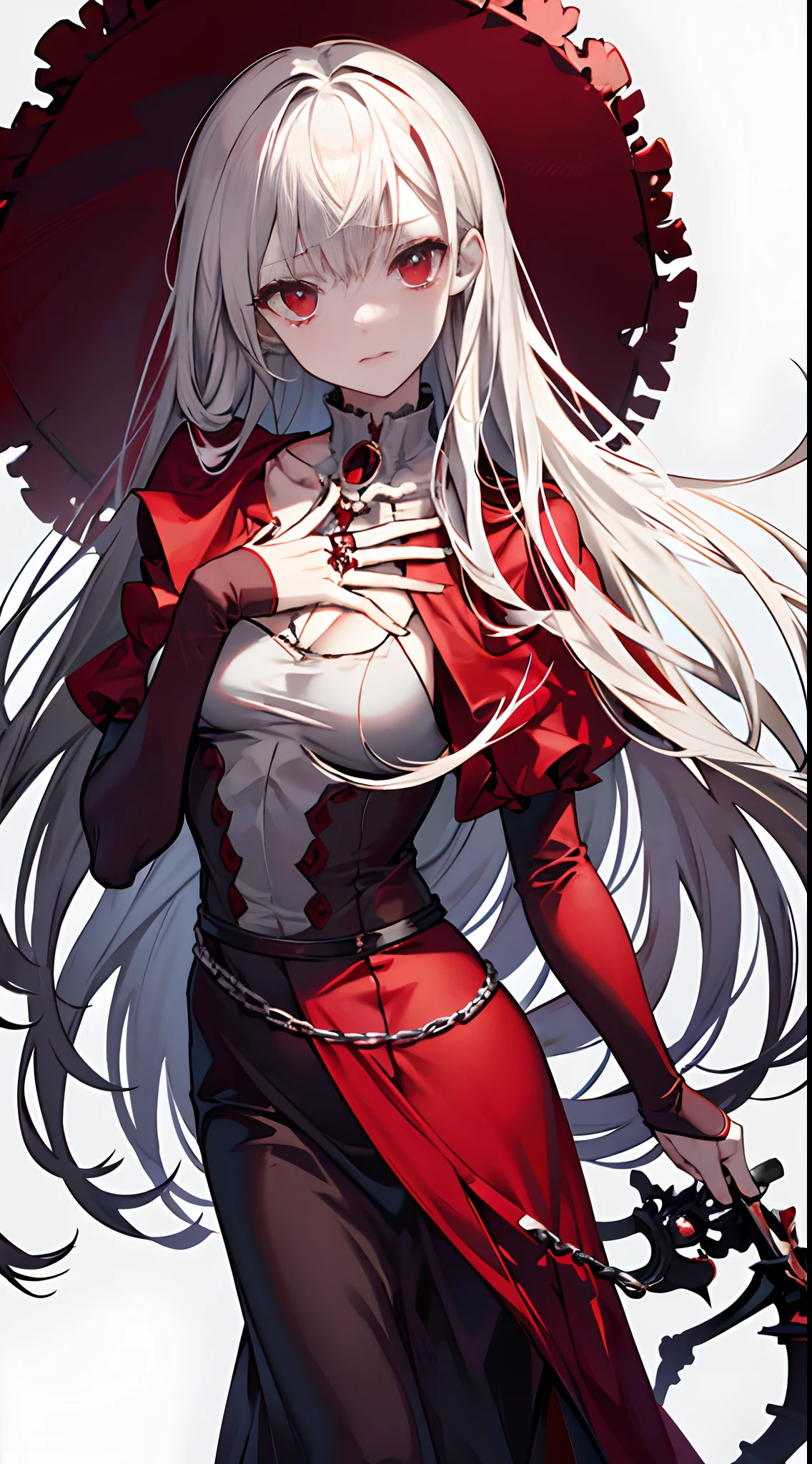 Expressionless，Full body like,D cup, Red Victorian style dress, Red Gothic hat, Blood red eyes, Tears, grey long hair, A bandage is wrapped around his right hand, A skeleton ring hangs from his chest, Blank background, Simple background