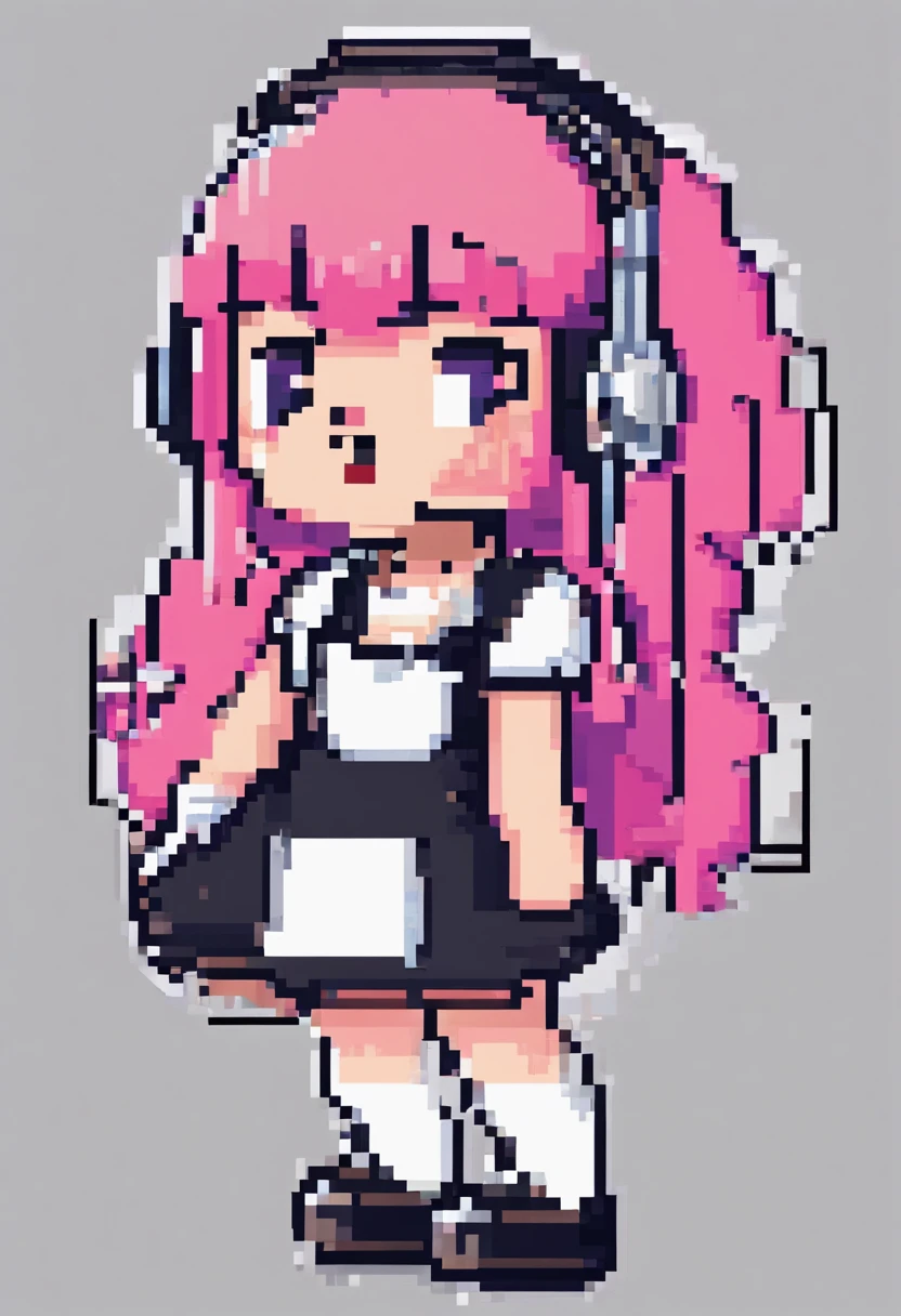 girl with pink hair, wearing headphones, wearing maid outfit, gamer girl