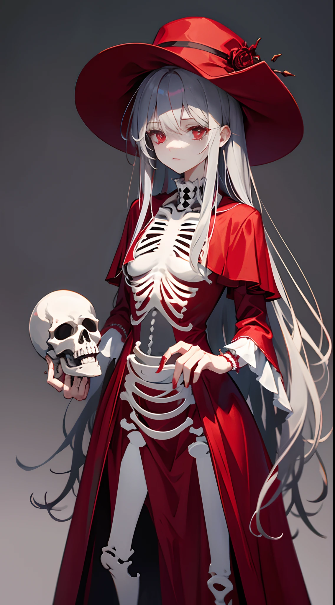 Expressionless，Full body like,D cup, Red Victorian style dress, Red Gothic hat, Blood red eyes, Tears, grey long hair, A bandage is wrapped around his right hand, A skeleton ring hangs from his chest, Blank background, Simple background