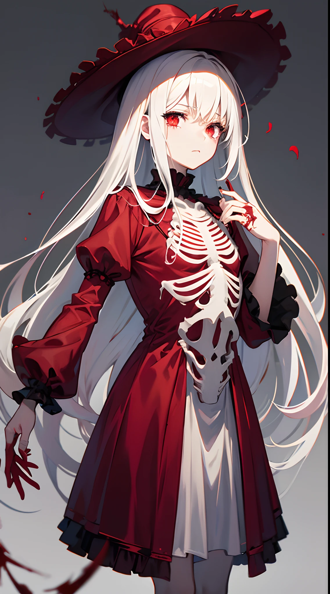 Expressionless，Full body like,D cup, Red Victorian style dress, Red Gothic hat, Blood red eyes, Tears, grey long hair, A bandage is wrapped around his right hand, A skeleton ring hangs from his chest, Blank background, Simple background